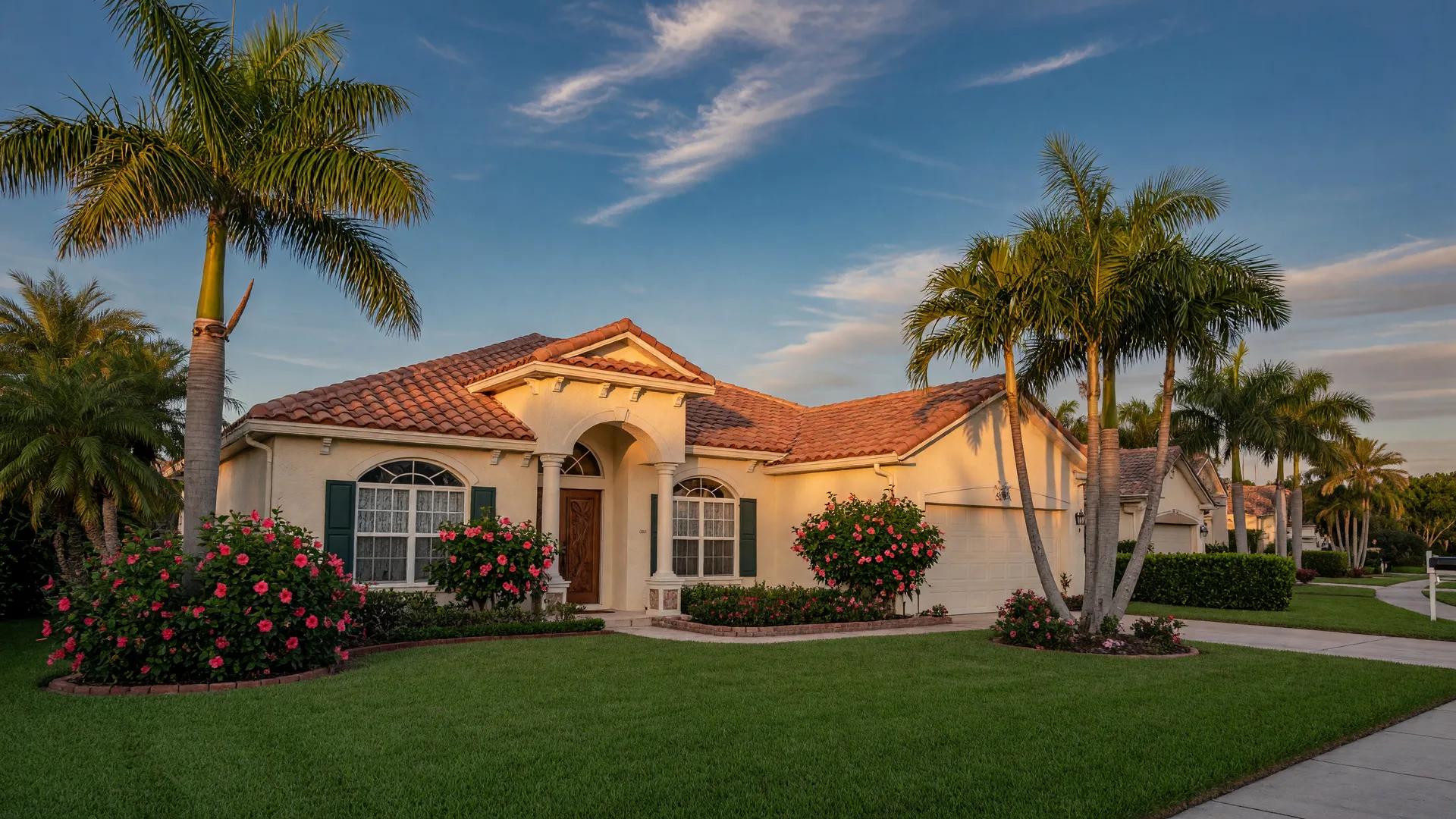 A well-maintained Florida home with a barrel-tile roof and palm-lined lawn at golden hour
