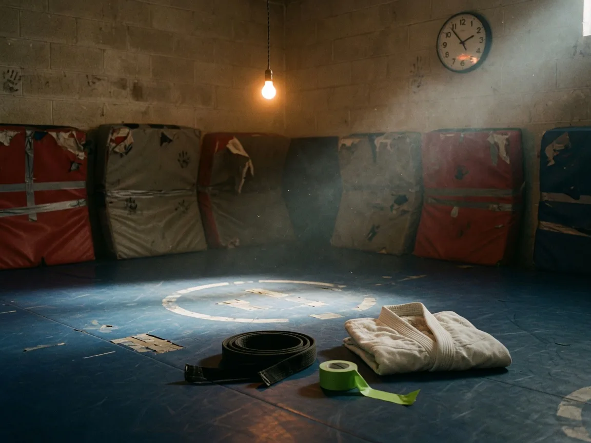 An after-hours grappling room: a single warm bulb over a worn blue mat with a rolled black belt and folded gi at the edge