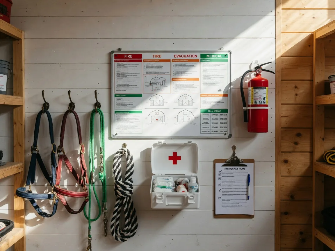 Emergency preparedness station inside an Aiken equestrian barn tack room with fire extinguisher, first aid kit, halters, and emergency plan posted on the wall