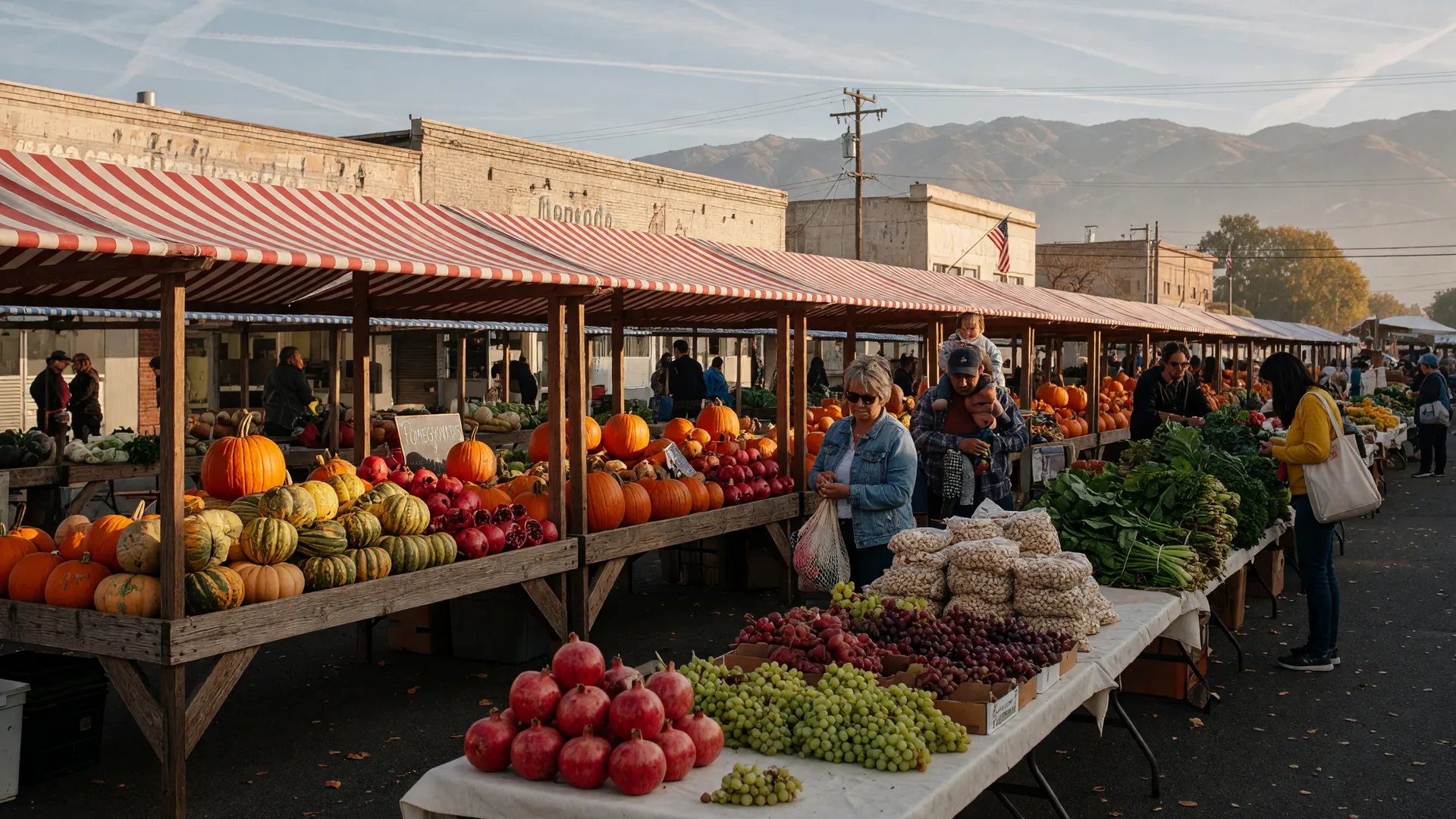 A Central Valley farmers market in Merced County on a bright October Saturday morning, wooden vendor stalls lined with pumpkins, winter squash, pomegranates, grapes, and leafy greens under a red-and-white awning, with shoppers browsing and the Sierra Nevada foothills hazy on the horizon
