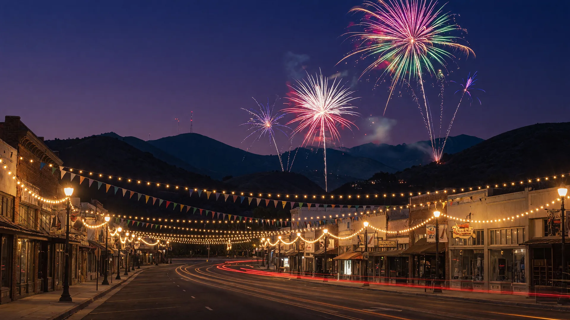 Fireworks bursting over a festive Southern California main street with golden string lights on New Year's Eve