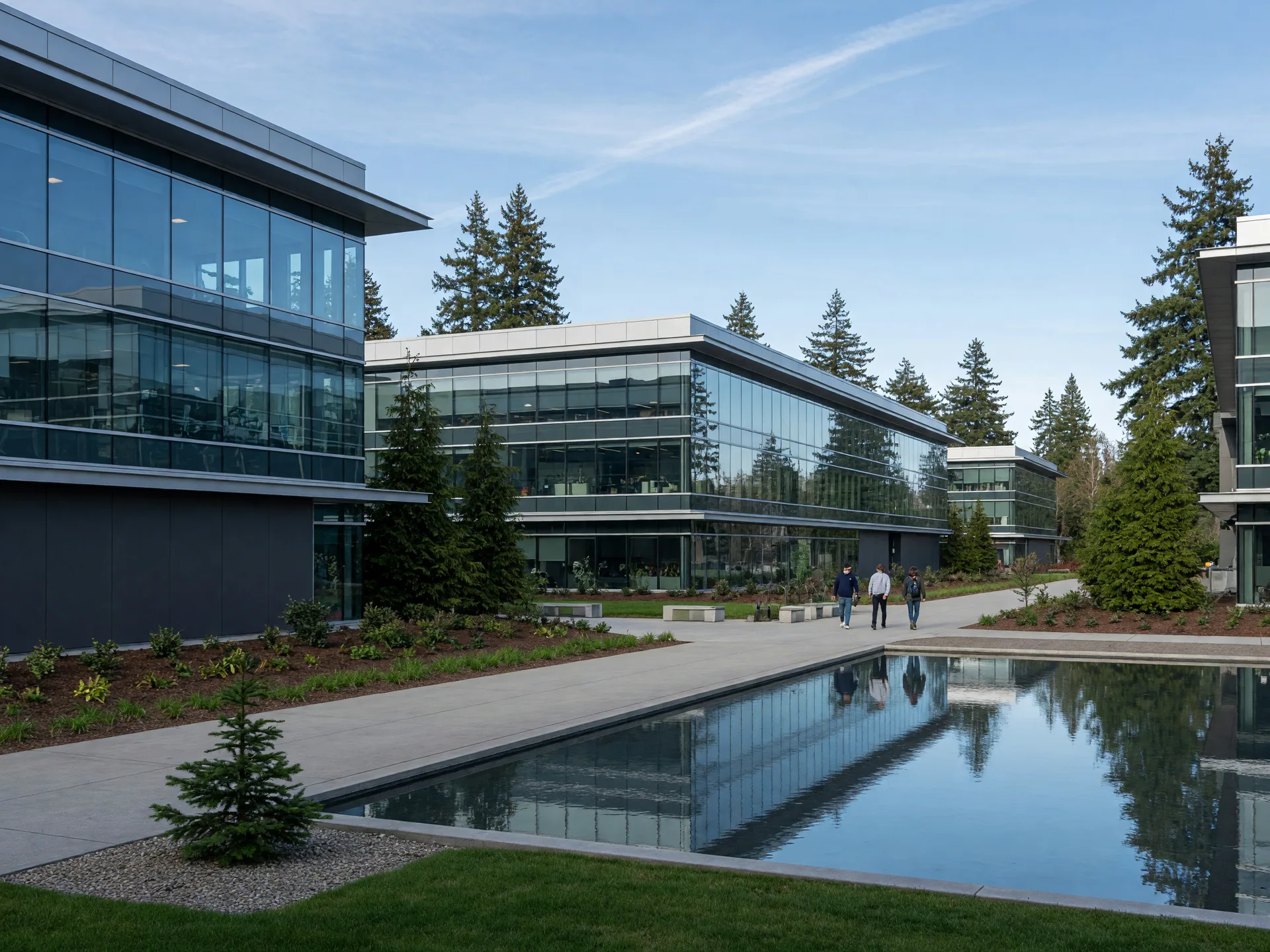 Modern glass and steel office buildings on a landscaped tech campus in Hillsboro