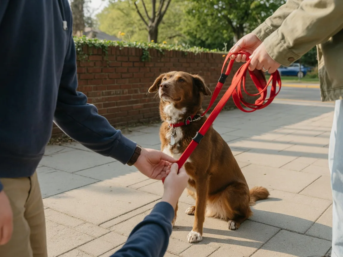 Two adults exchanging a dog's leash on a park path while the dog sits calmly between them.