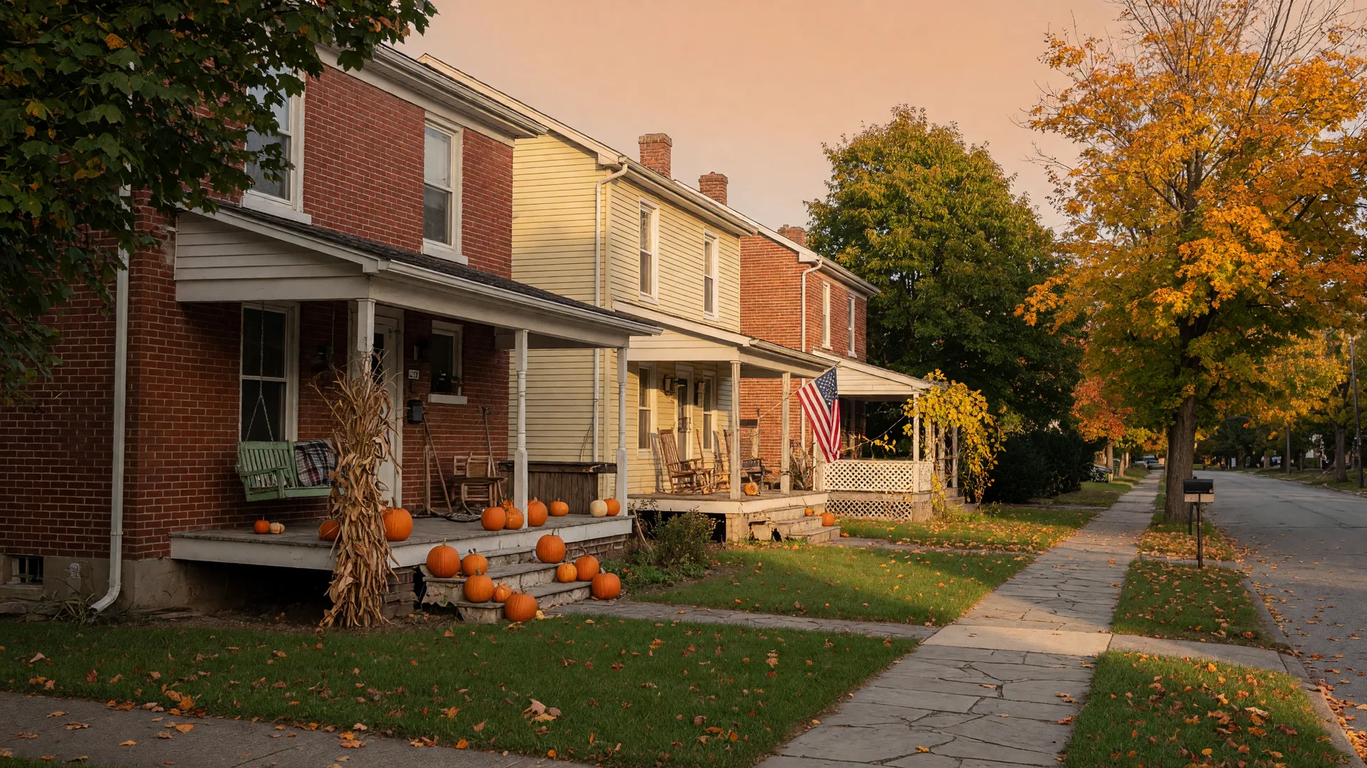 Early autumn light on a small-town Pennsylvania street with pumpkins on a porch