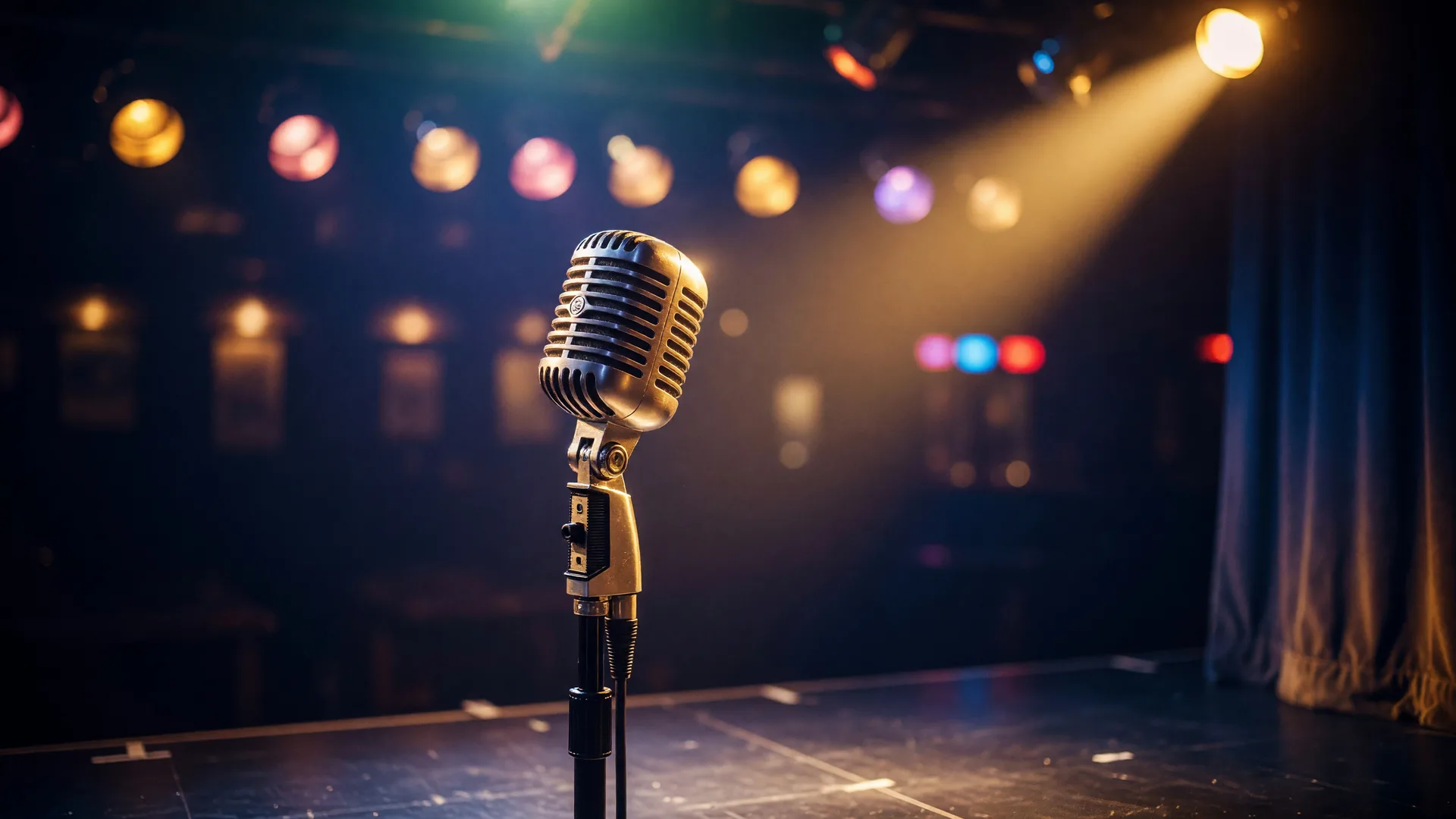 Classic chrome microphone on a stand center stage with a warm golden spotlight against a deep blue auditorium