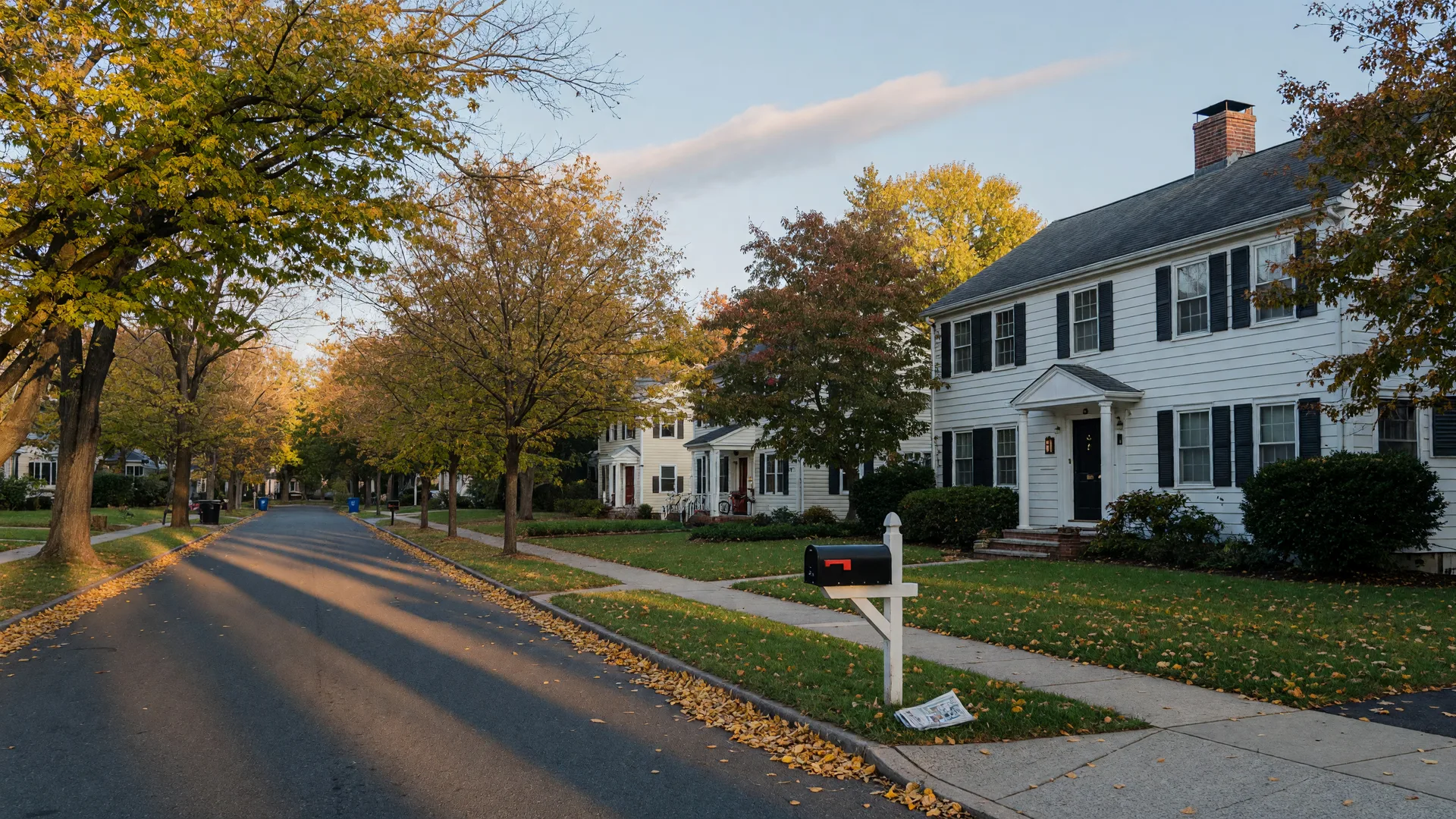 A quiet tree-lined residential street in Essex County New Jersey with a Colonial-style home and a mailbox near the curb on a crisp early-autumn morning