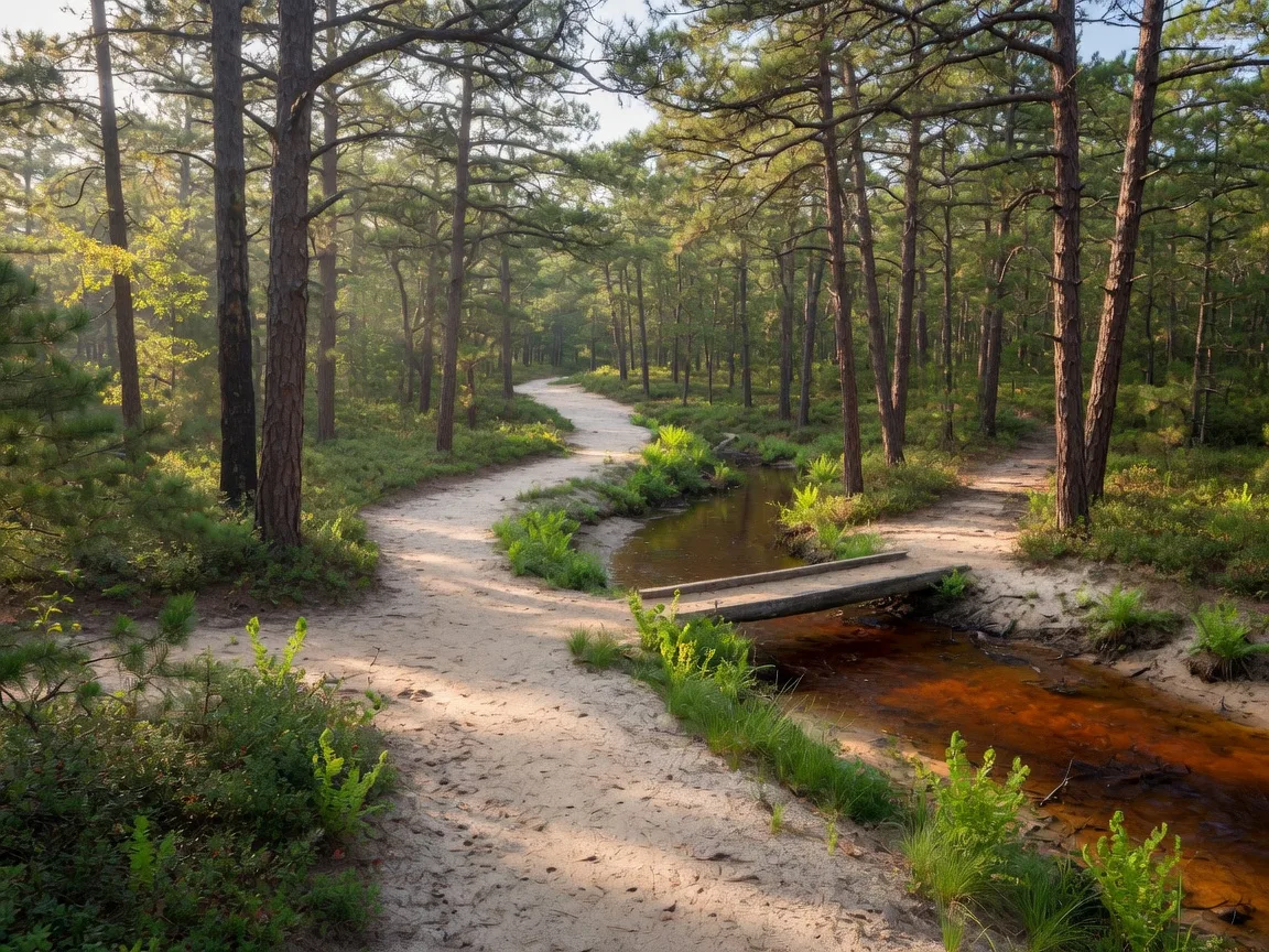 Sandy Pinelands trail winding through tall pitch pines with a small cedar creek crossing, near Tabernacle Township