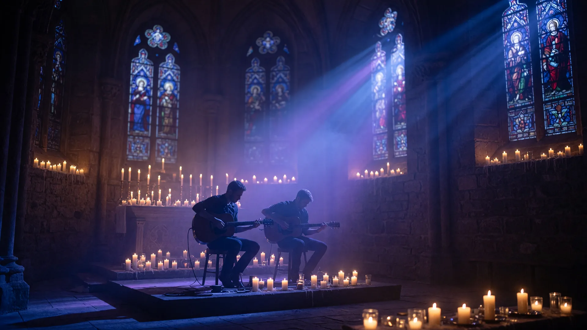 Musicians silhouetted by hundreds of candles in a historic chapel under a cool blue-violet stage glow