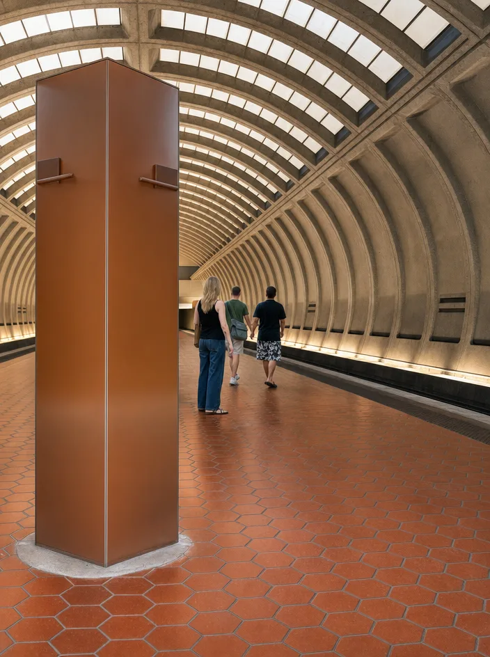 Bright daylight view of the Friendship Heights Metro station area in Chevy Chase