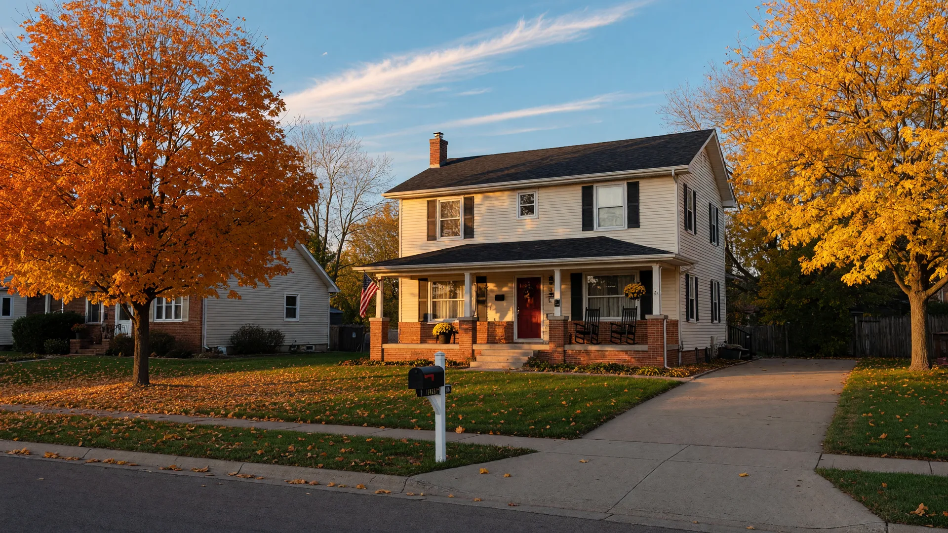 A well-kept family home with a tidy lawn and autumn trees in a Sioux Falls neighborhood at golden hour