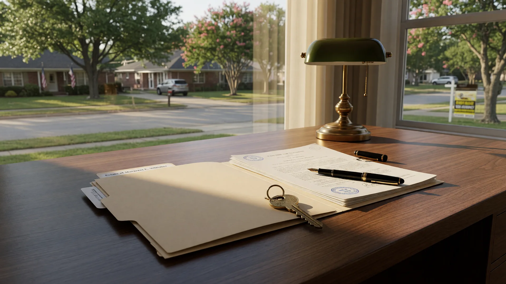 An open estate file with a house key and a fountain pen on a desk by a bright window overlooking a leafy Texas street