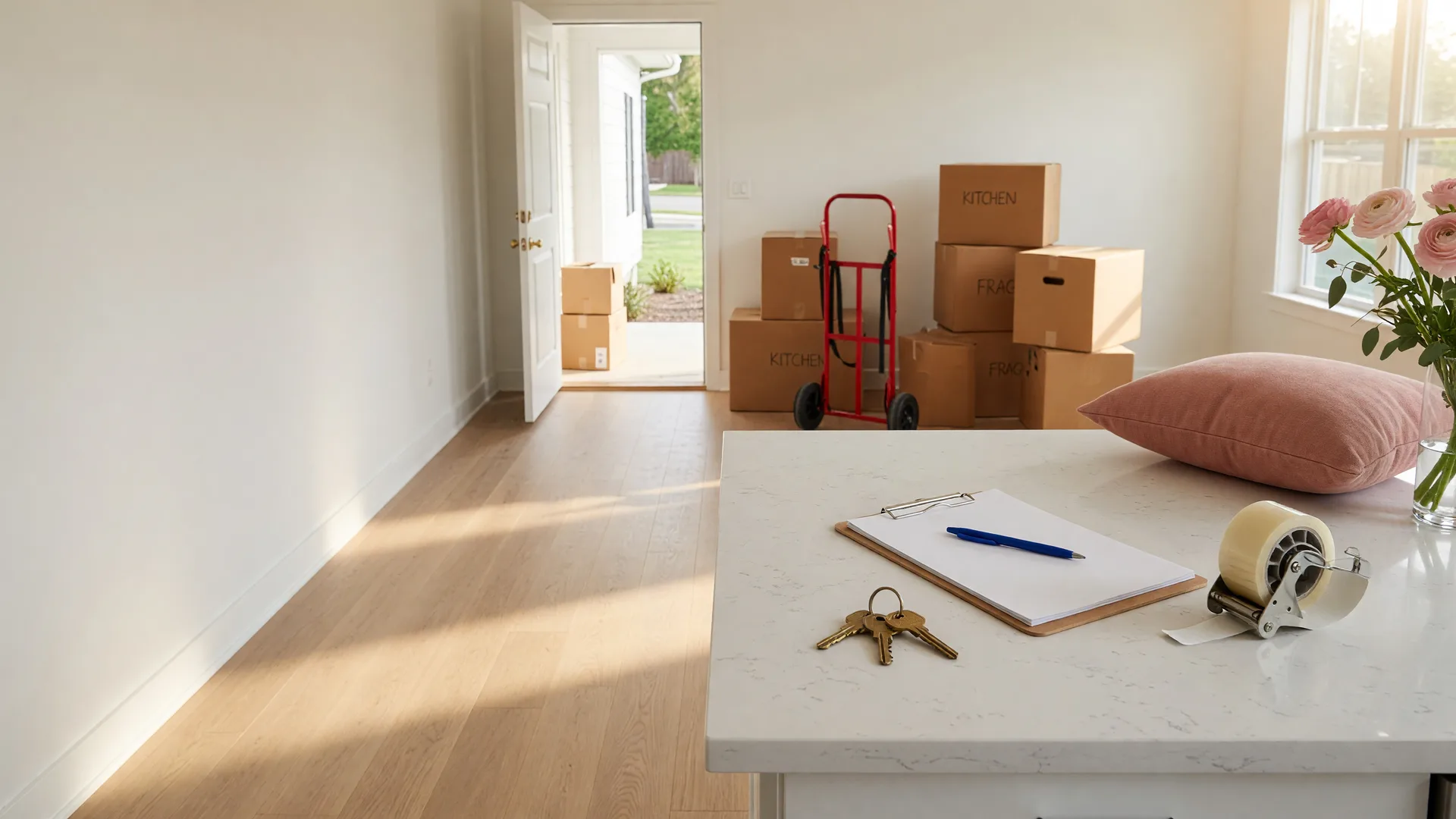 House keys and moving boxes waiting in a sunlit new home before move-in day