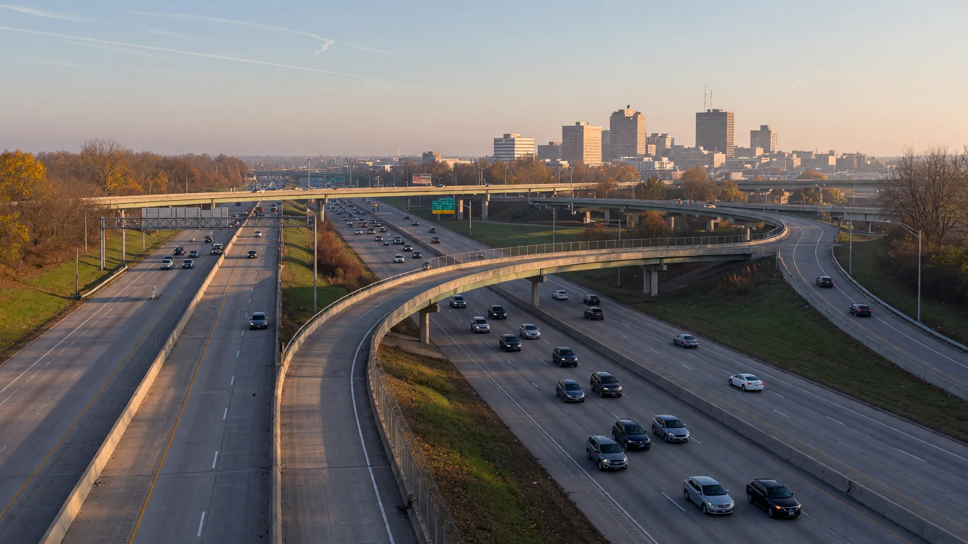Morning commuter traffic moving northbound on a modern four-lane interstate interchange near Dayton, Ohio, with green highway gantries, braided ramps, and a hazy low-rise downtown skyline on the horizon