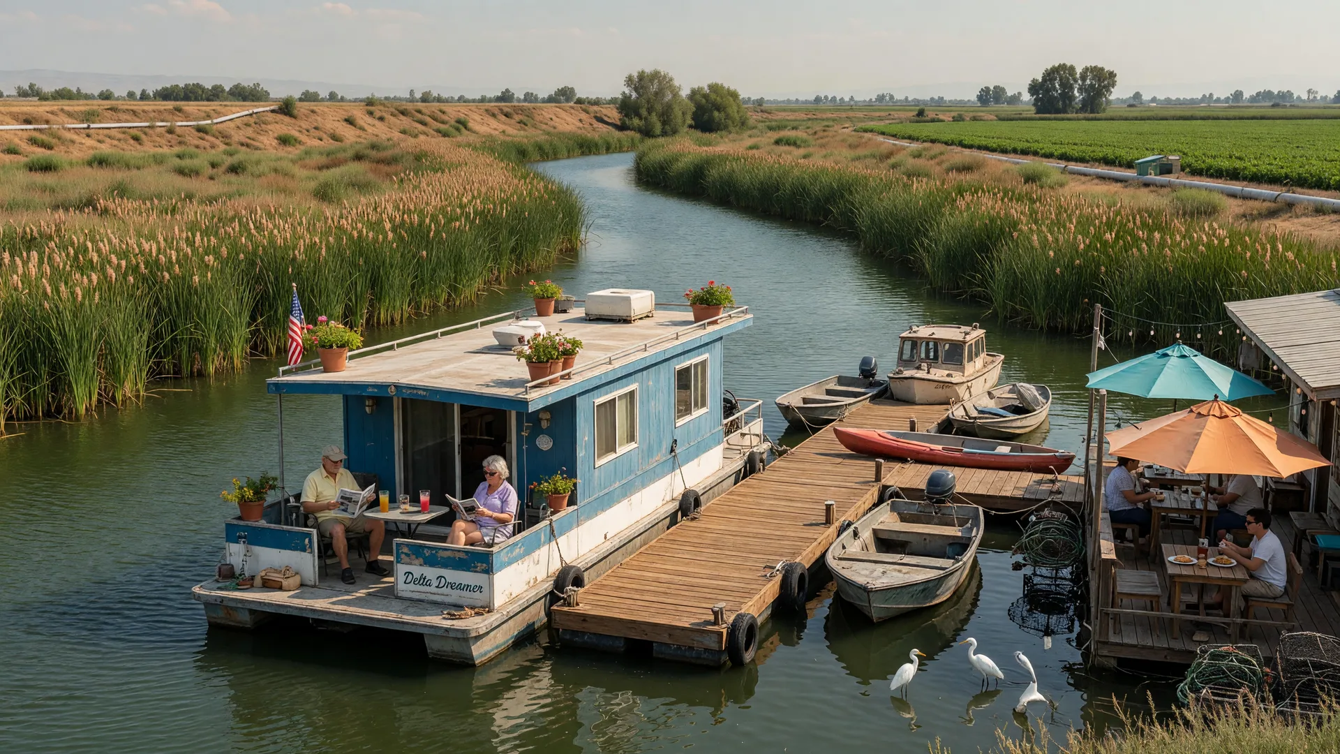 A houseboat moored on a calm slough in the Sacramento-San Joaquin River Delta with wooden docks, waterfront cafe, and egrets in the shallows