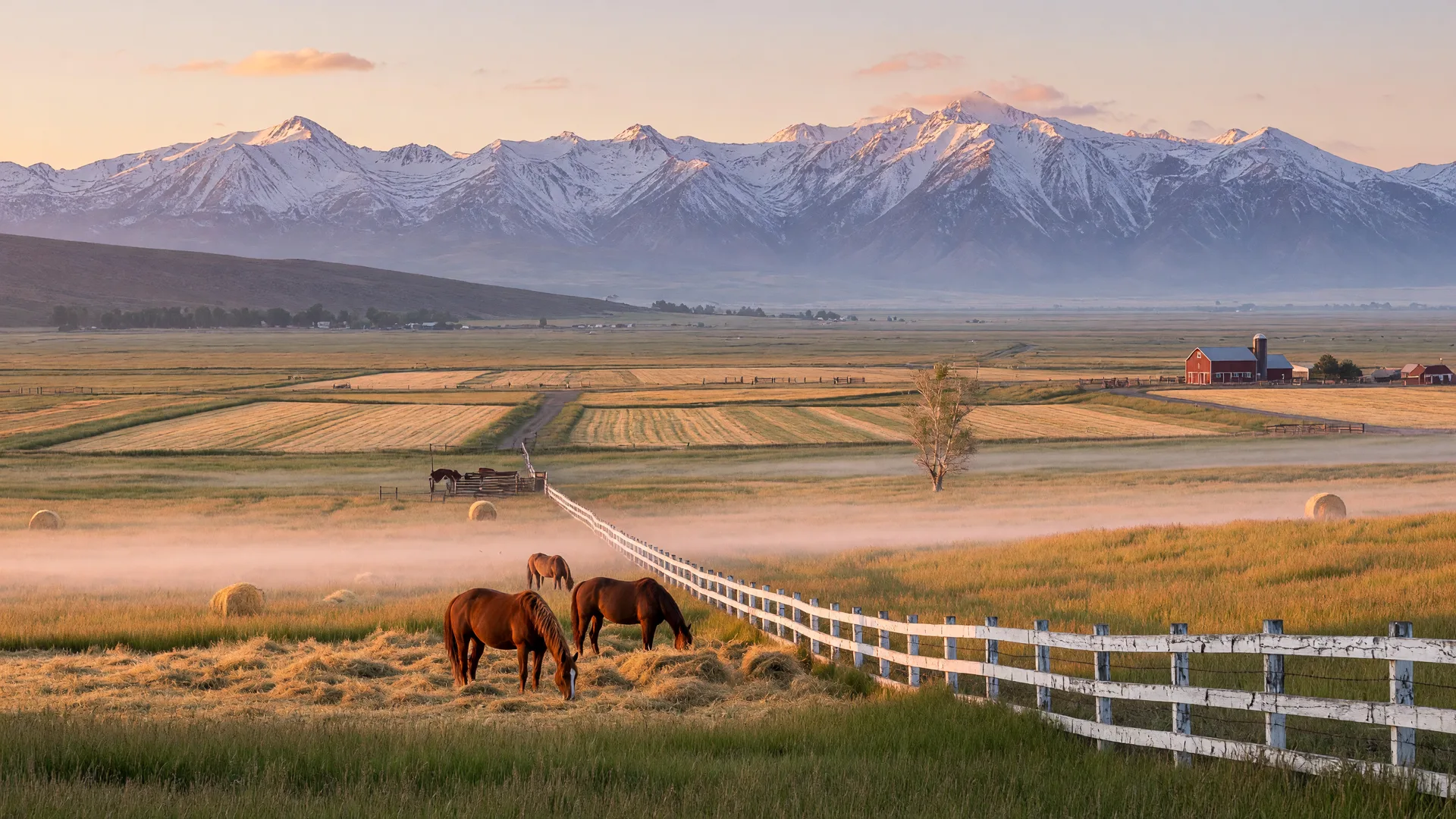 The Carson Valley at sunrise with golden hay meadows and ranchland stretching toward the snow-dusted Sierra Nevada range.