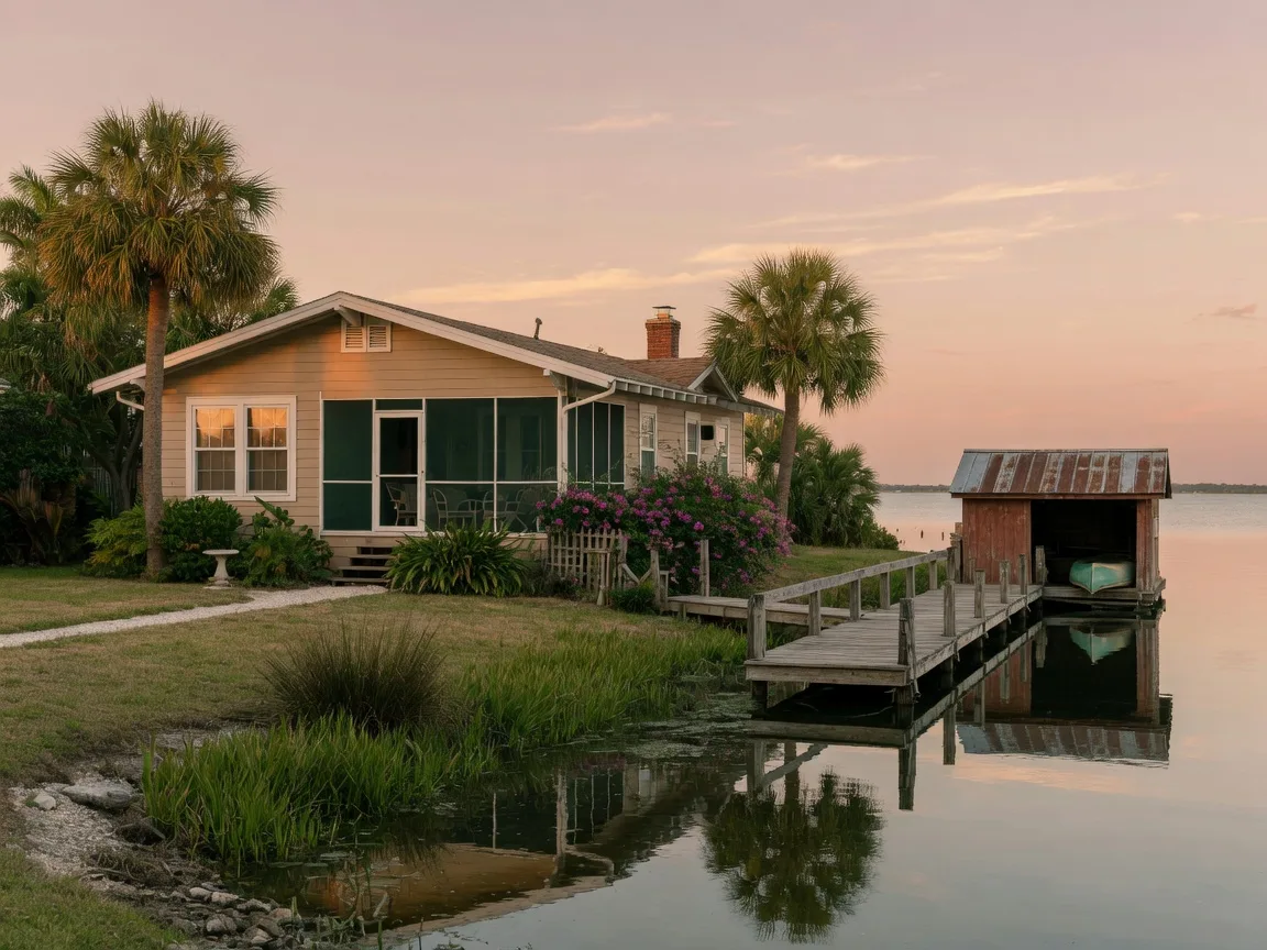 A quiet Florida waterfront home with a wooden dock and boathouse at golden hour, palm trees and seagrass framing the lawn