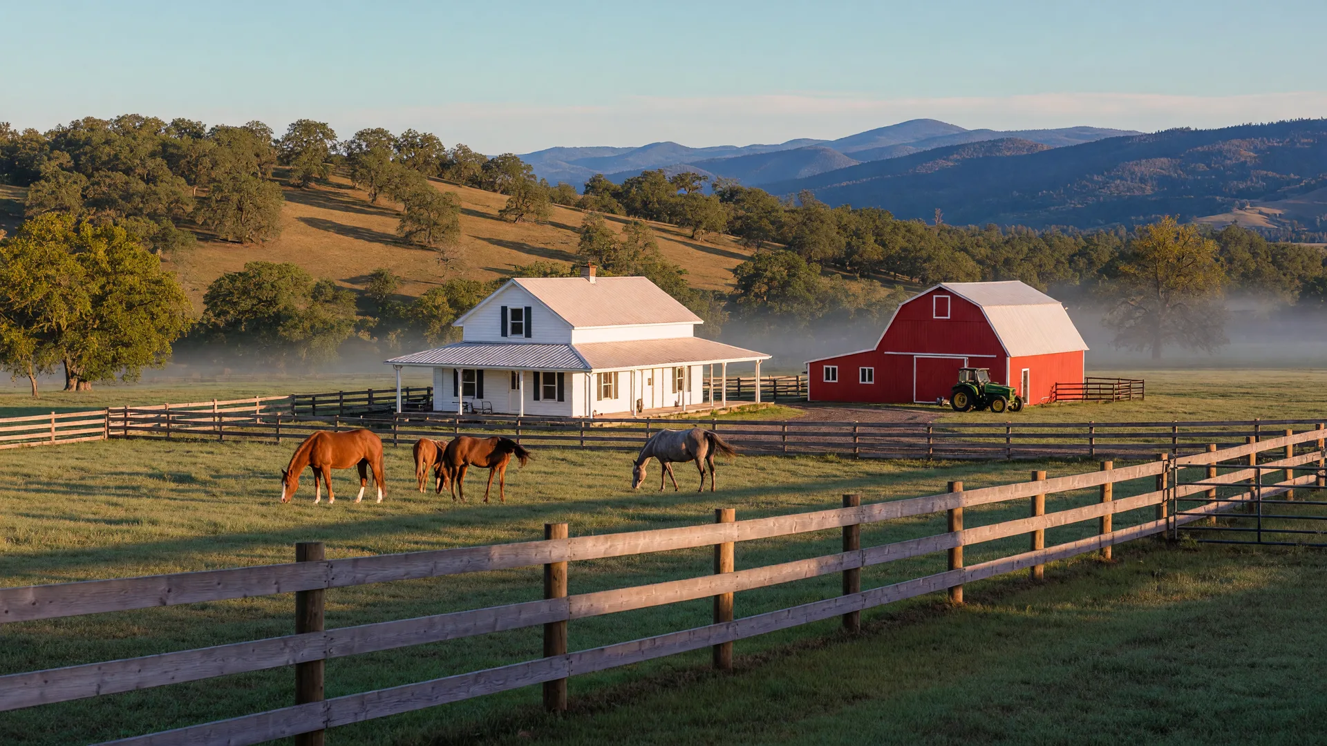 A white farmhouse and red barn on a hobby farm near Eagle Point in morning light, horses grazing in fenced pasture below oak hills