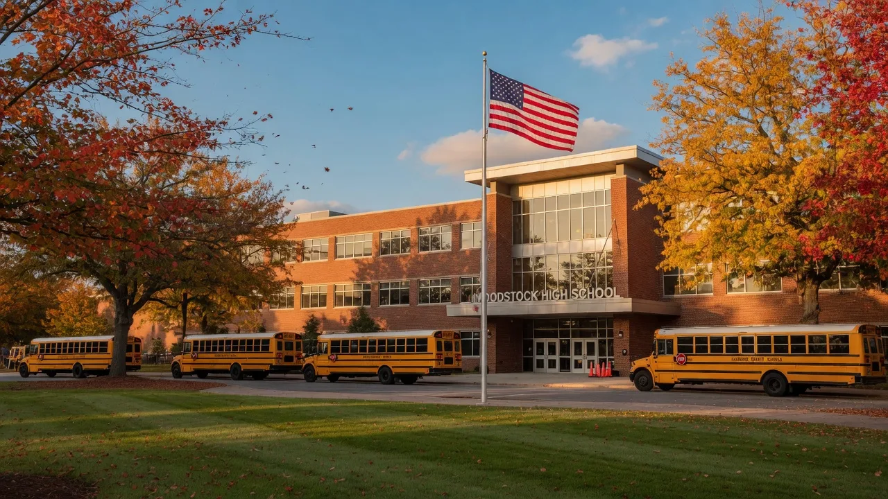 Woodstock High School in Georgia on a bright autumn afternoon with Cherokee County school buses and colorful fall foliage