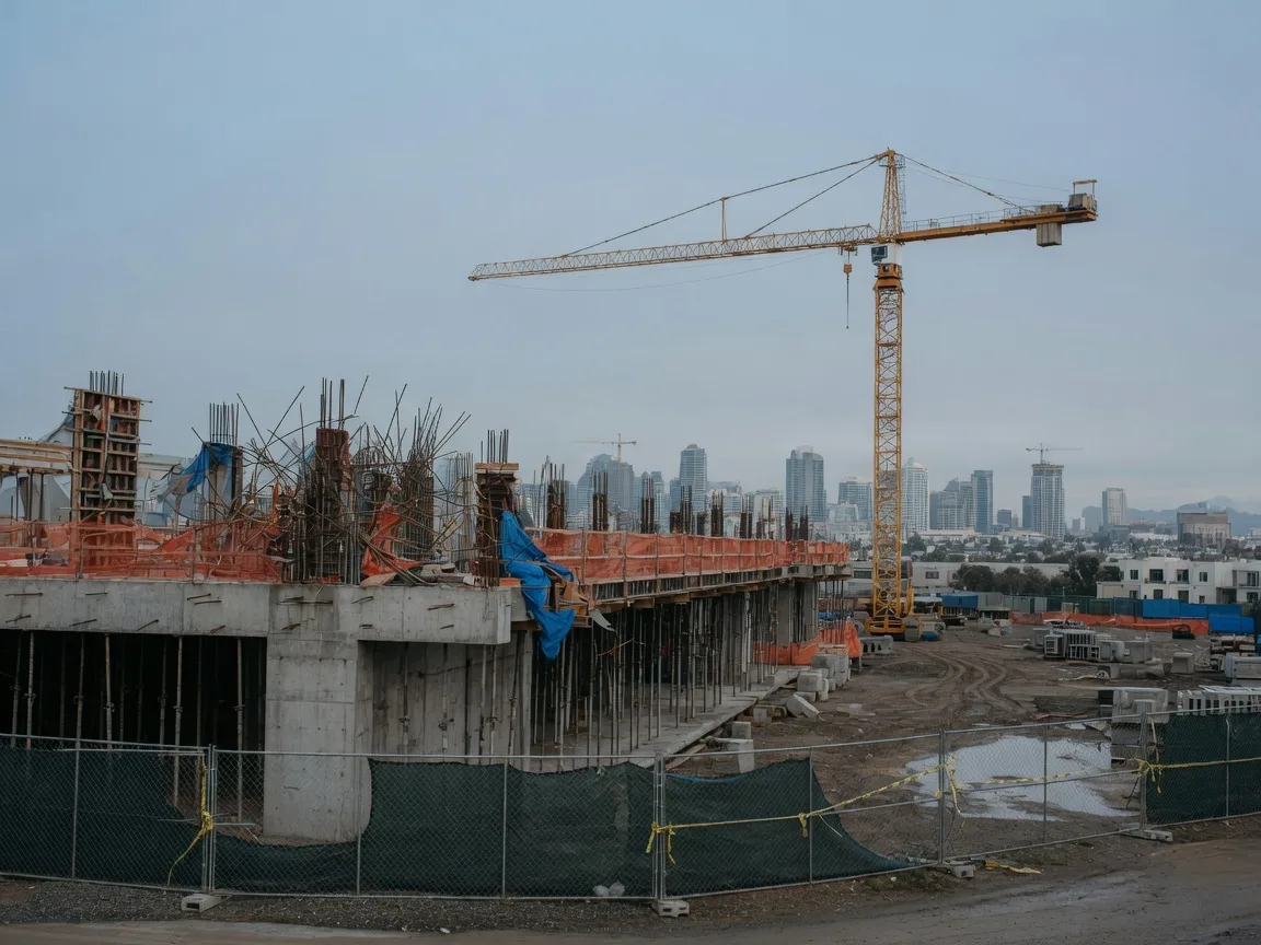 Stalled construction site in San Diego with exposed rebar, stationary crane, and hazy skyline in the distance