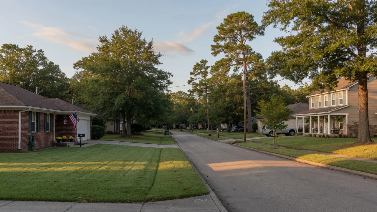 A quiet tree-lined street of suburban homes in the Northeast Houston area on a clear late-summer morning