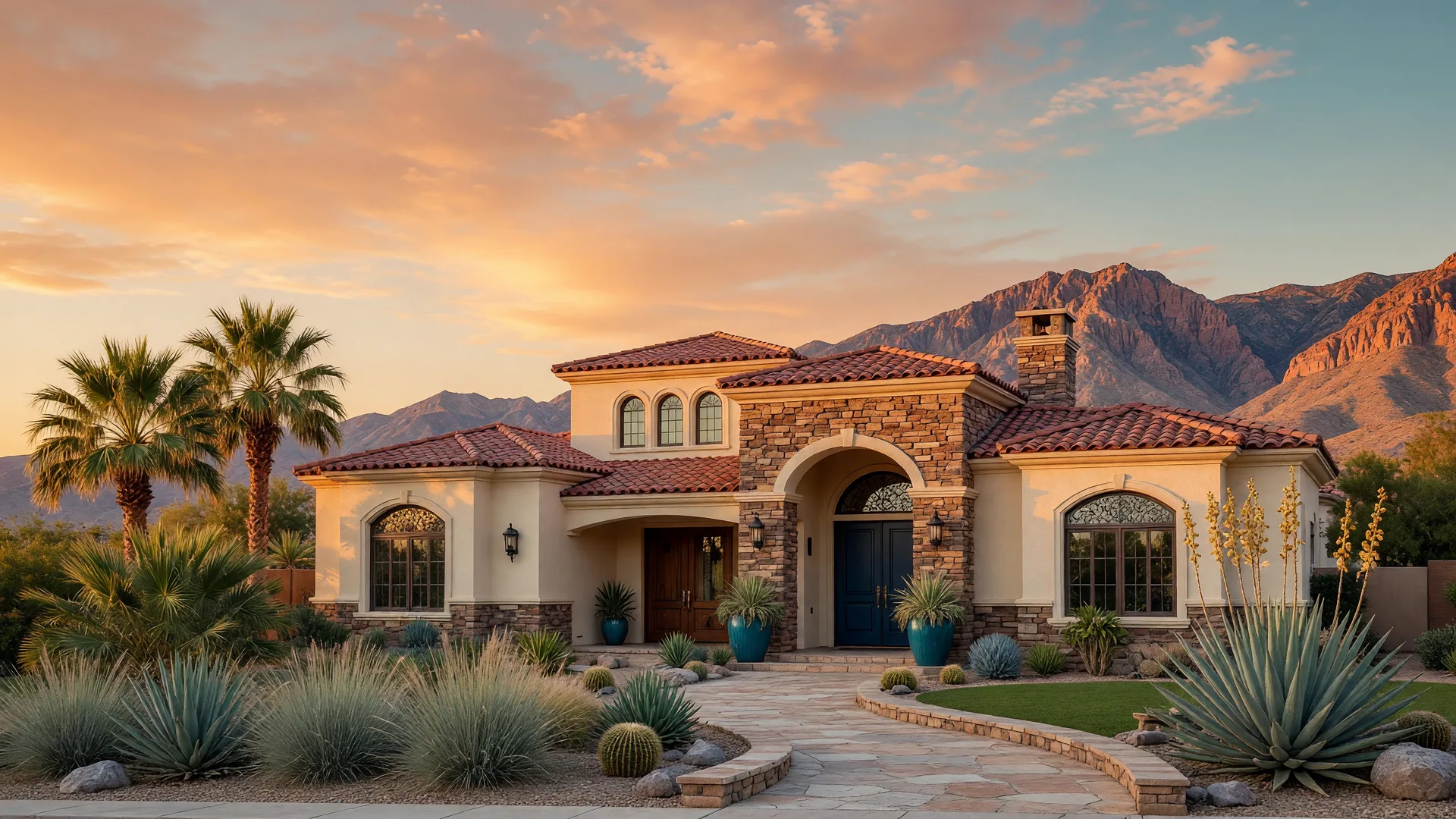 A wide cinematic view of a modern Las Vegas home at dusk with warm interior lights, representative of the homes for sale across Las Vegas and Henderson