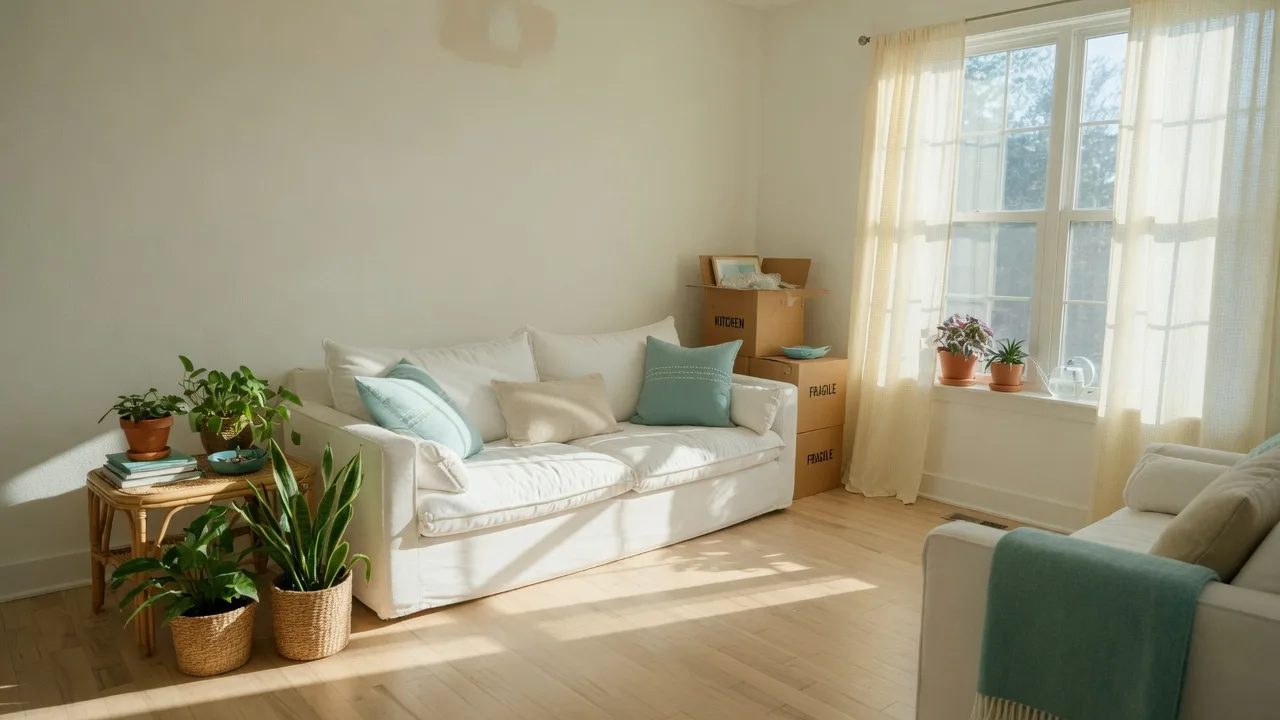 A bright living room with a linen sofa, moving boxes by a sunlit window, and morning light