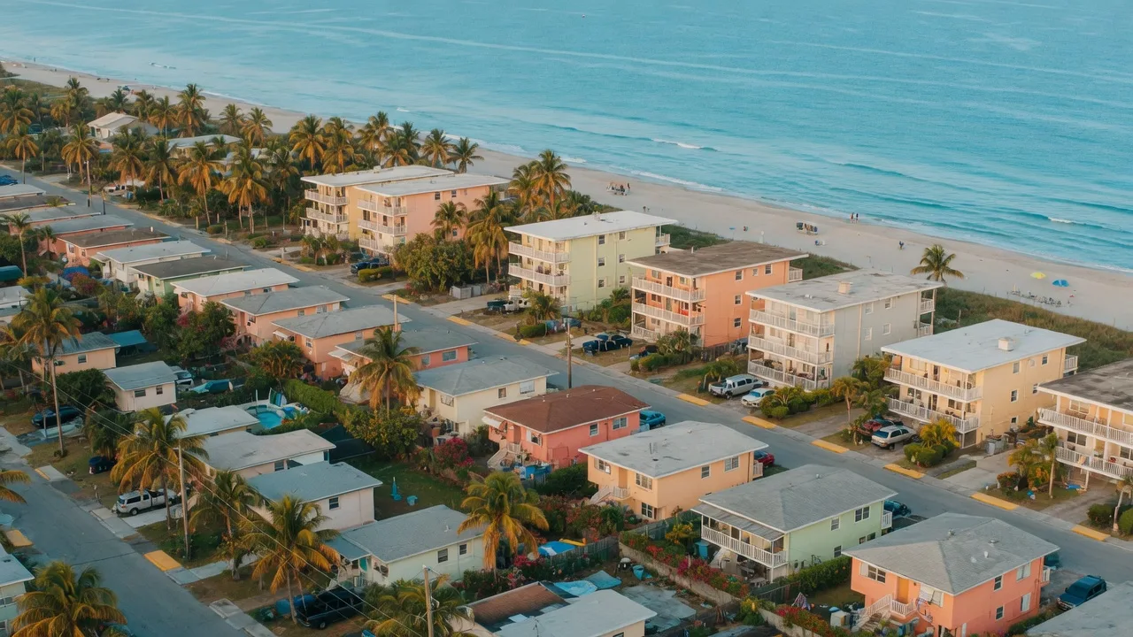 Aerial view of affordable South Florida coastal neighborhoods showing homes, palm trees, and the Atlantic Ocean shoreline