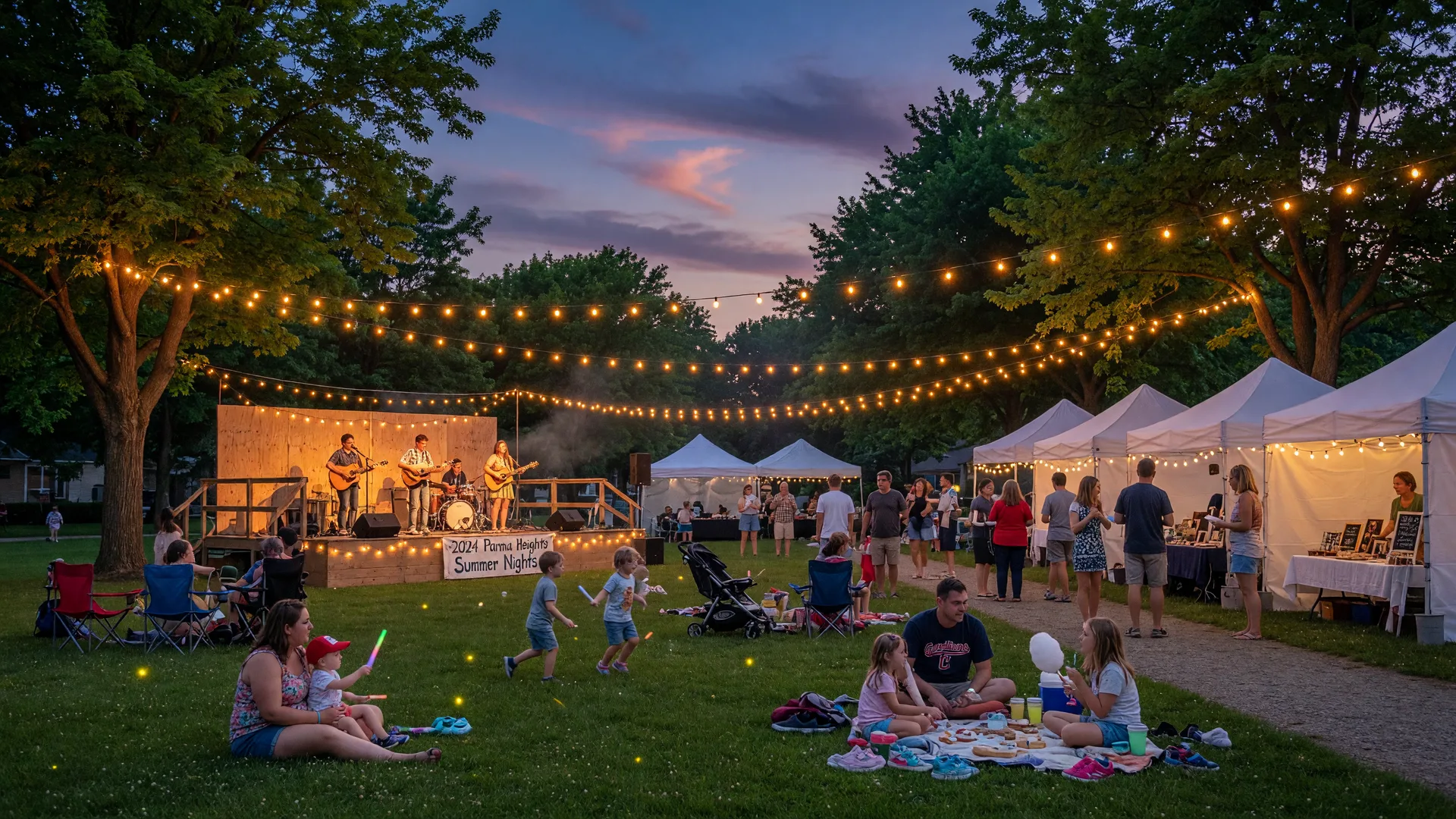 Summer evening community festival in a Northeast Ohio suburb with string lights, vendor tents, live musicians, and families on the lawn at golden hour