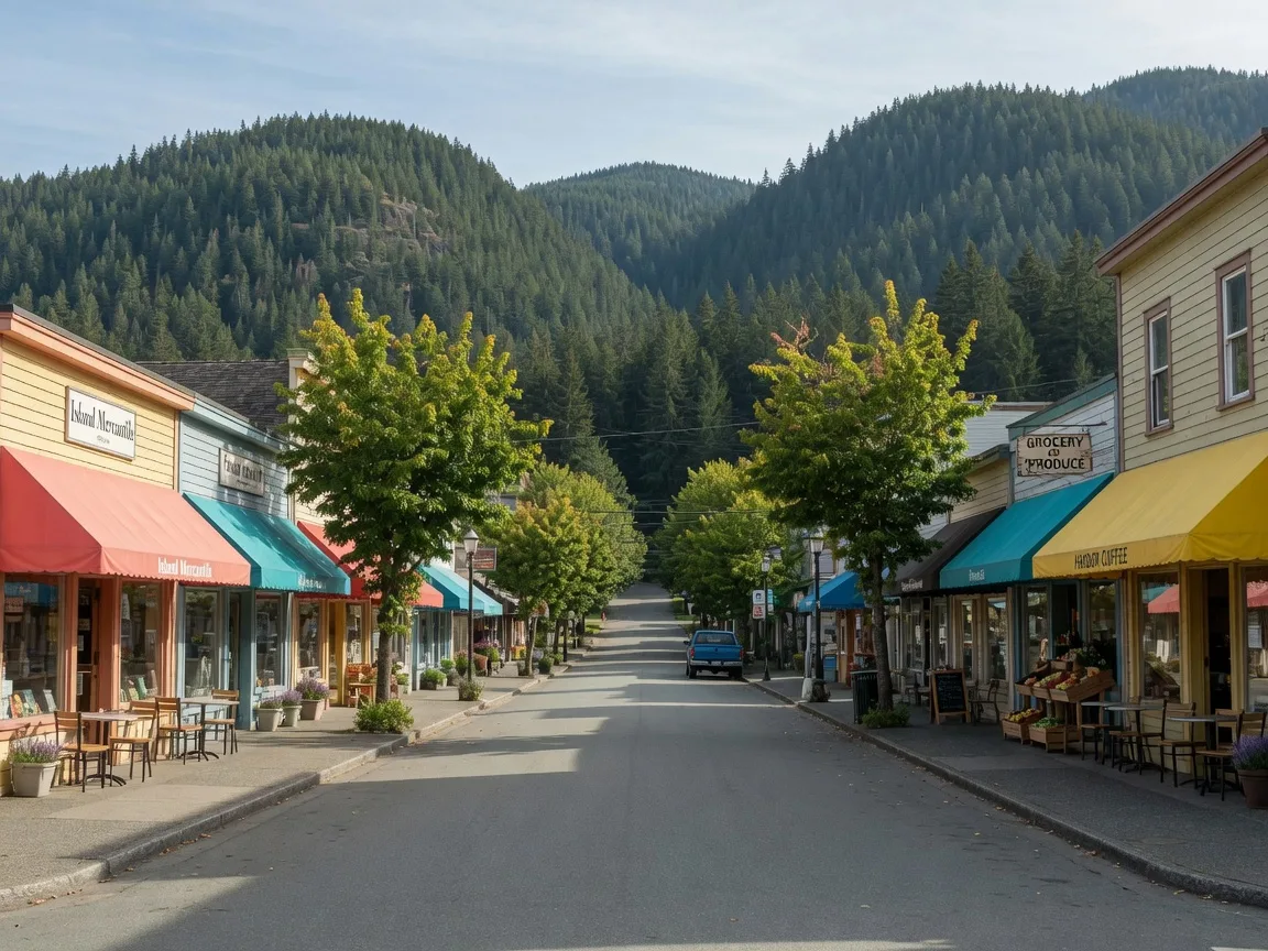 Main street of Sooke's village core with local storefronts, a café and forested hills at the end of the road