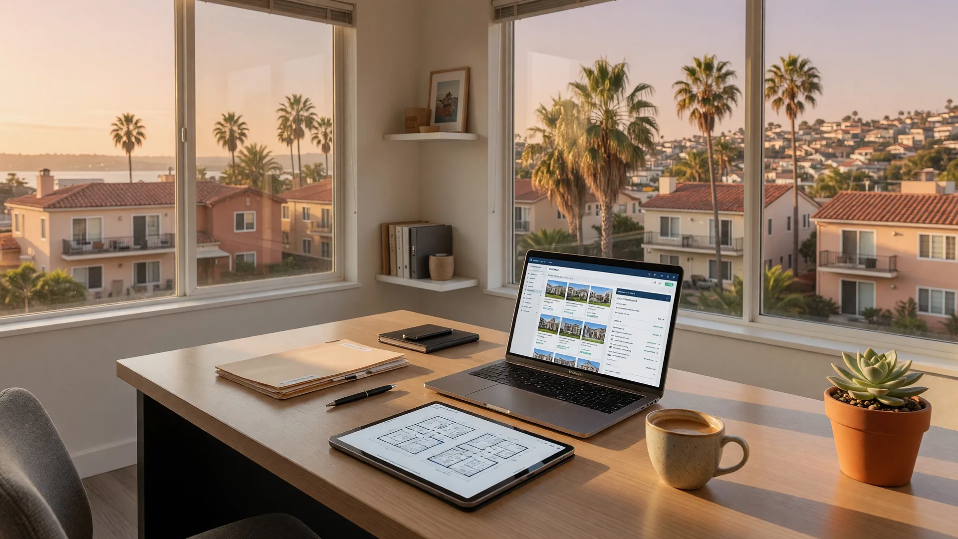 Modern property management workspace with laptop, tablet showing floor plans, and warm San Diego afternoon light through large windows