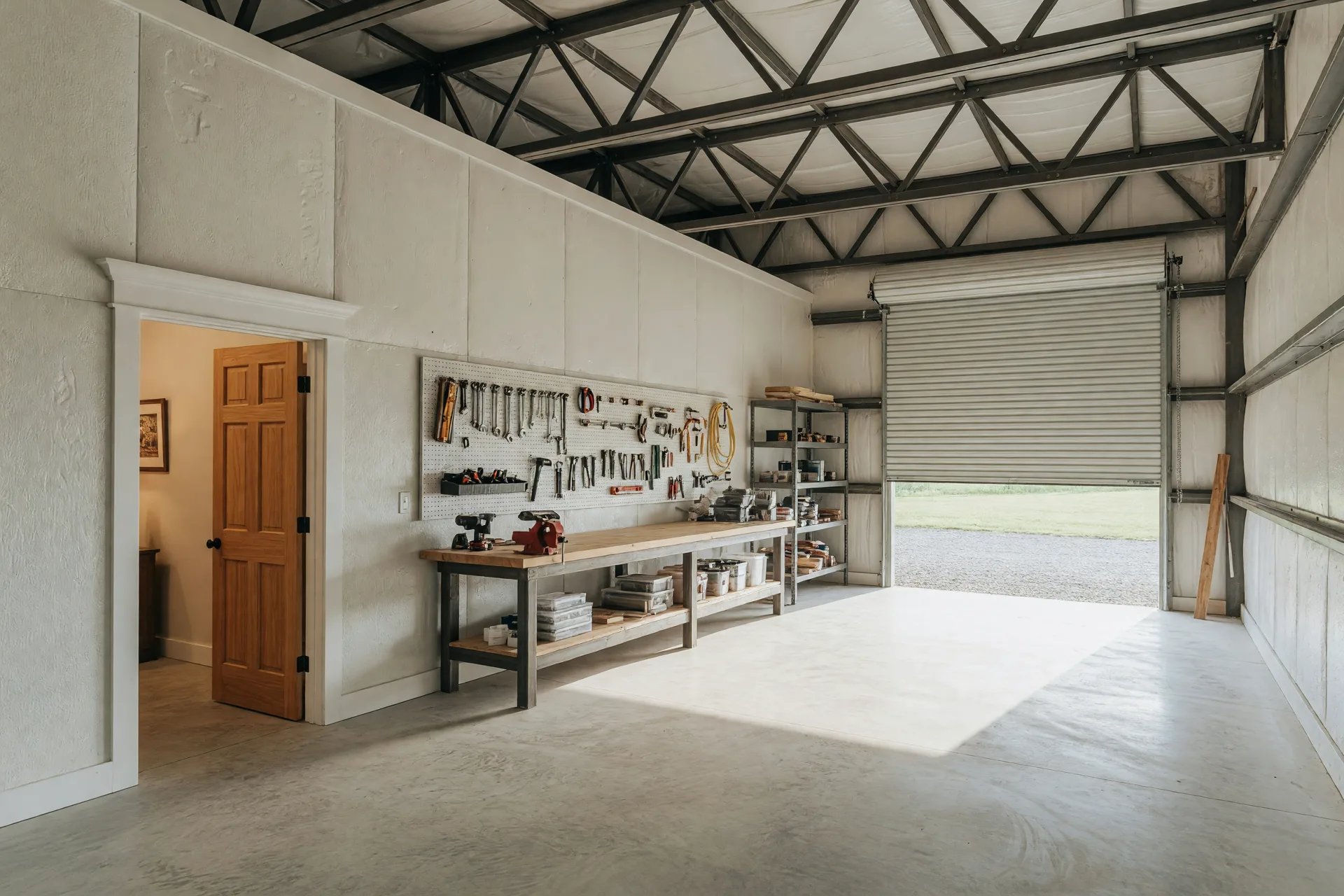 Workshop interior of a barndominium with tall metal bays and a large roll-up door
