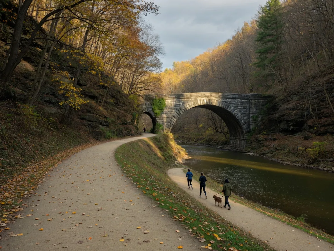 The crushed-stone trail of Forbidden Drive beside the Wissahickon Creek, minutes from East Mount Airy homes