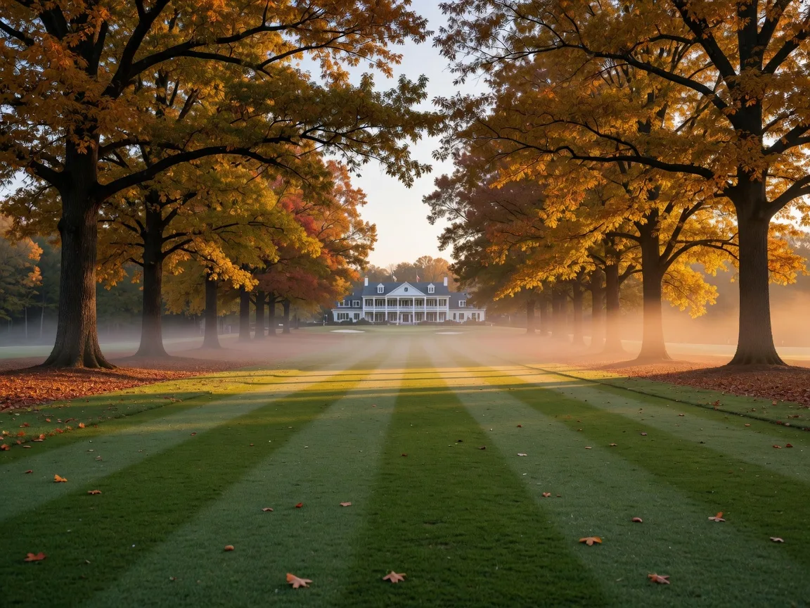 Golden-hour view down a Georgia golf course fairway lined with autumn oak trees toward a distant clubhouse, representing the season ahead for Apalachee Farms in 2027