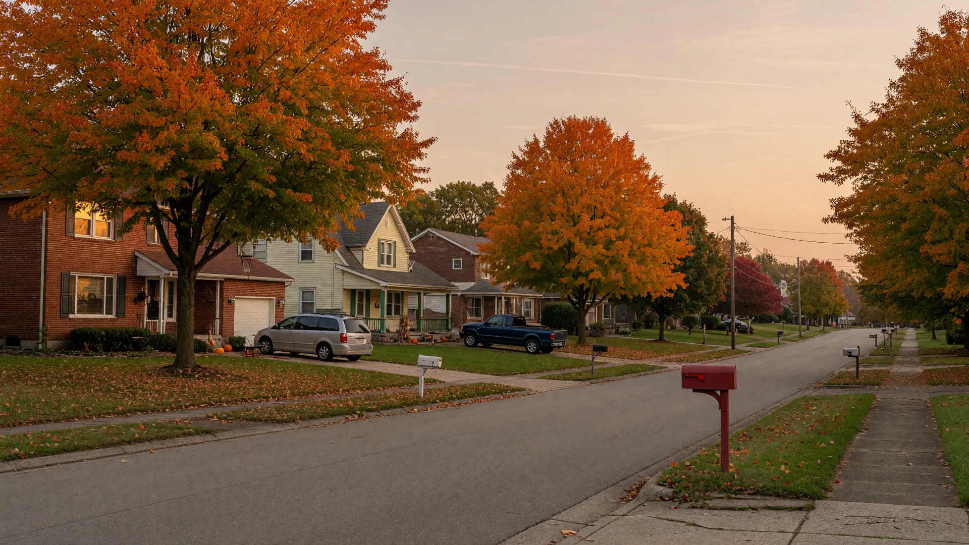 A quiet suburban township street in Ohio in mid-October, two-story brick and craftsman homes with attached garages set back on mature grassy lots, mailboxes along the curb, sugar maples and oaks turning orange and gold in warm late-afternoon light