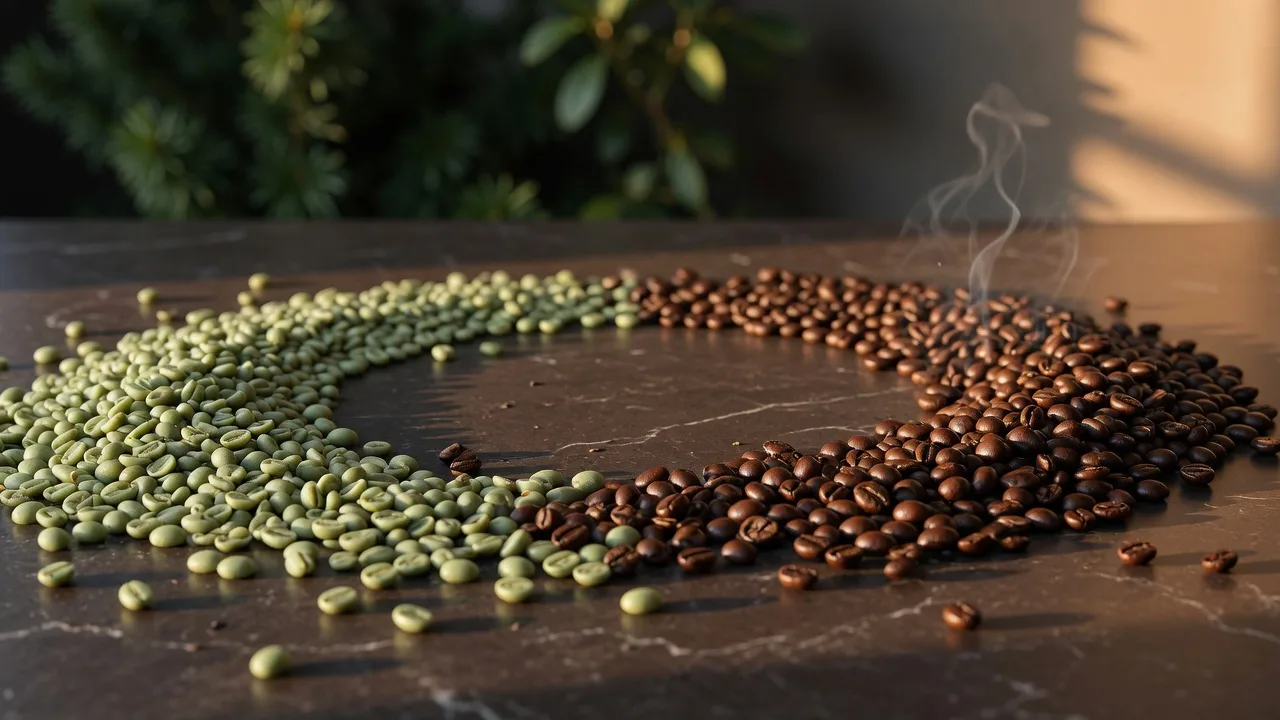 Pale green unroasted coffee beans sweeping into glossy roasted beans across a dark stone surface