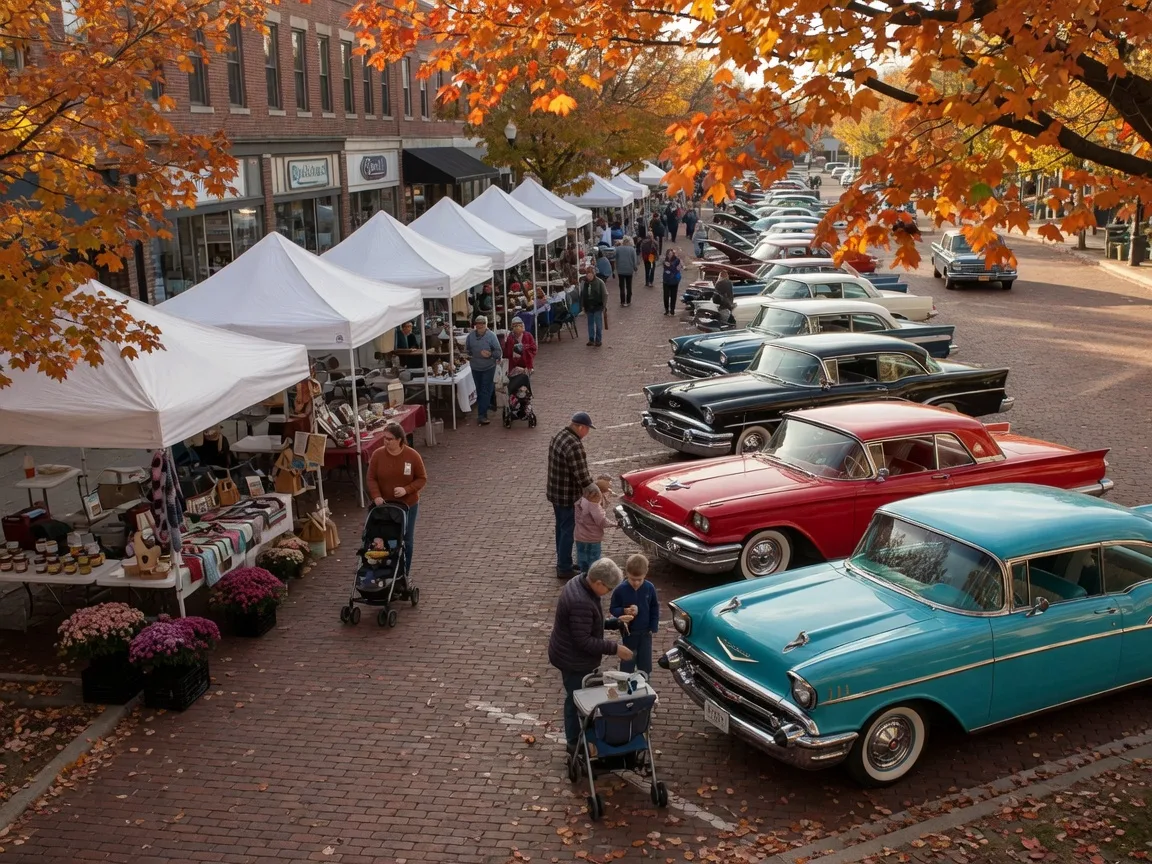 A classic car show and street festival on the brick main street of a small Ohio town on a crisp fall afternoon, vintage cars, white vendor tents, and families strolling in golden light