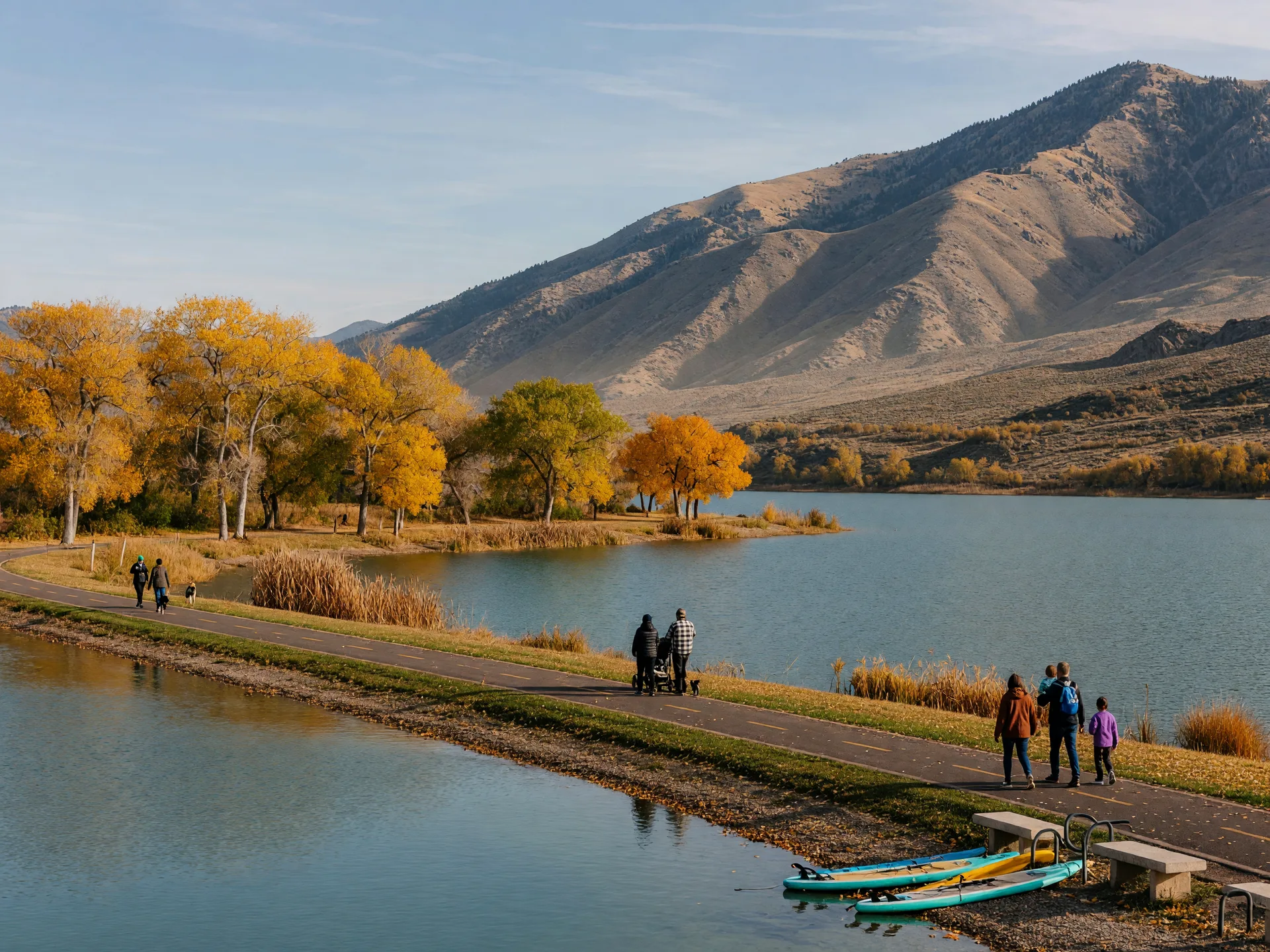 Blackridge Reservoir in Herriman Utah on a crisp October afternoon with amber cottonwoods and scrub oak along the shoreline and the Oquirrh Mountains behind