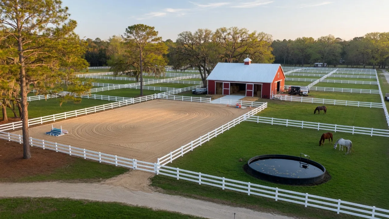 A turnkey equestrian property in Aiken, South Carolina featuring white four-board fencing, green paddocks, a freshly harrowed sand arena, a well-maintained metal-roof barn, and mature pines in golden morning light