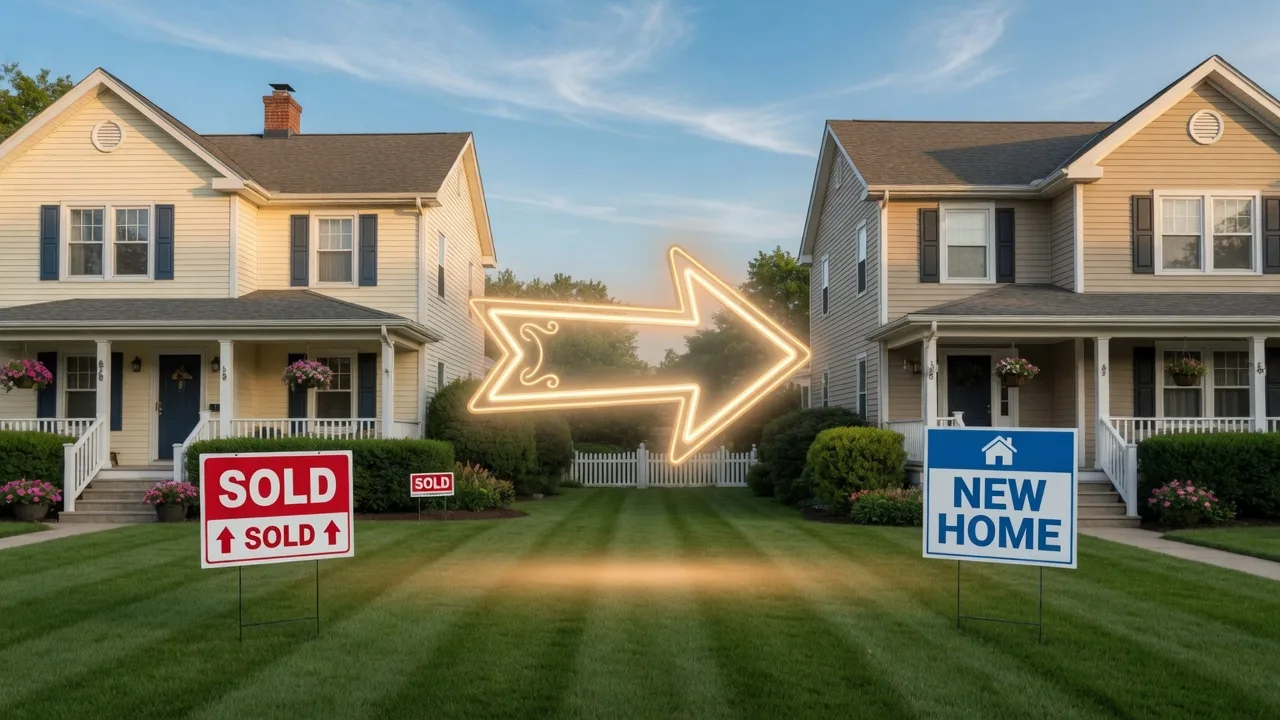 Two homes with exchange arrow representing trade-in