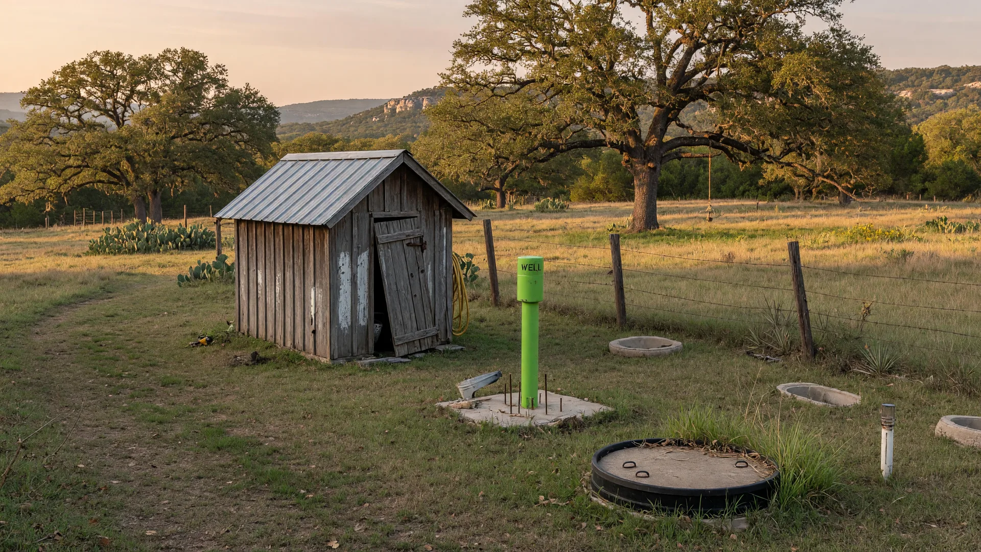 A rural Hill Country property with a weathered well house and live oaks in morning light