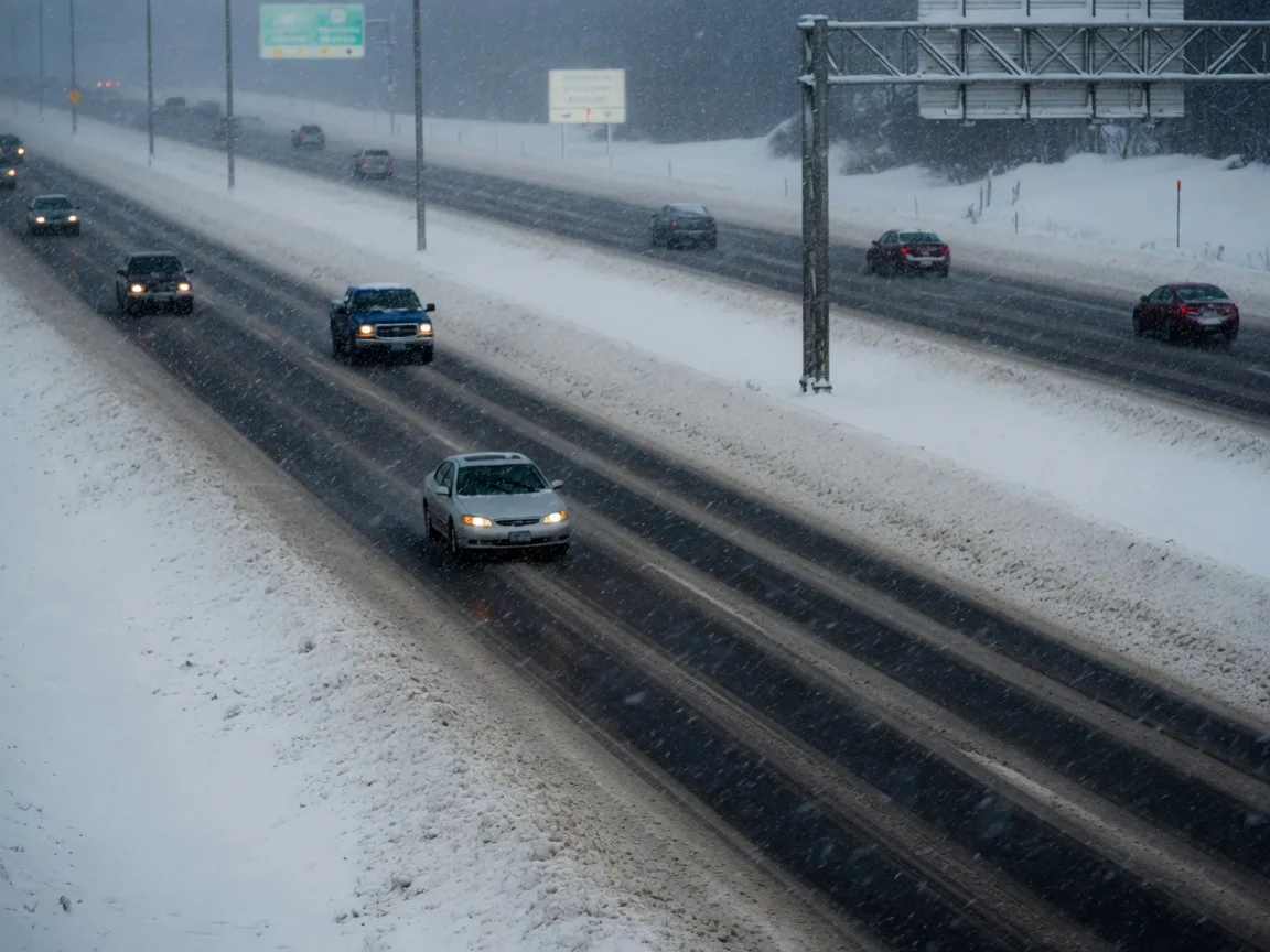 Cars driving slowly on a snow-covered Midwest interstate between tall snowbanks during a winter storm