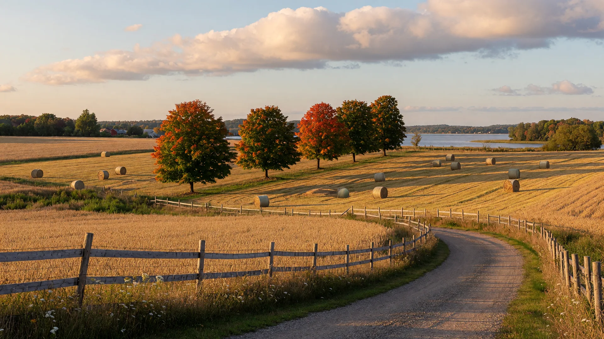 Golden farmland and maple trees in the rural Scugog countryside at the end of September