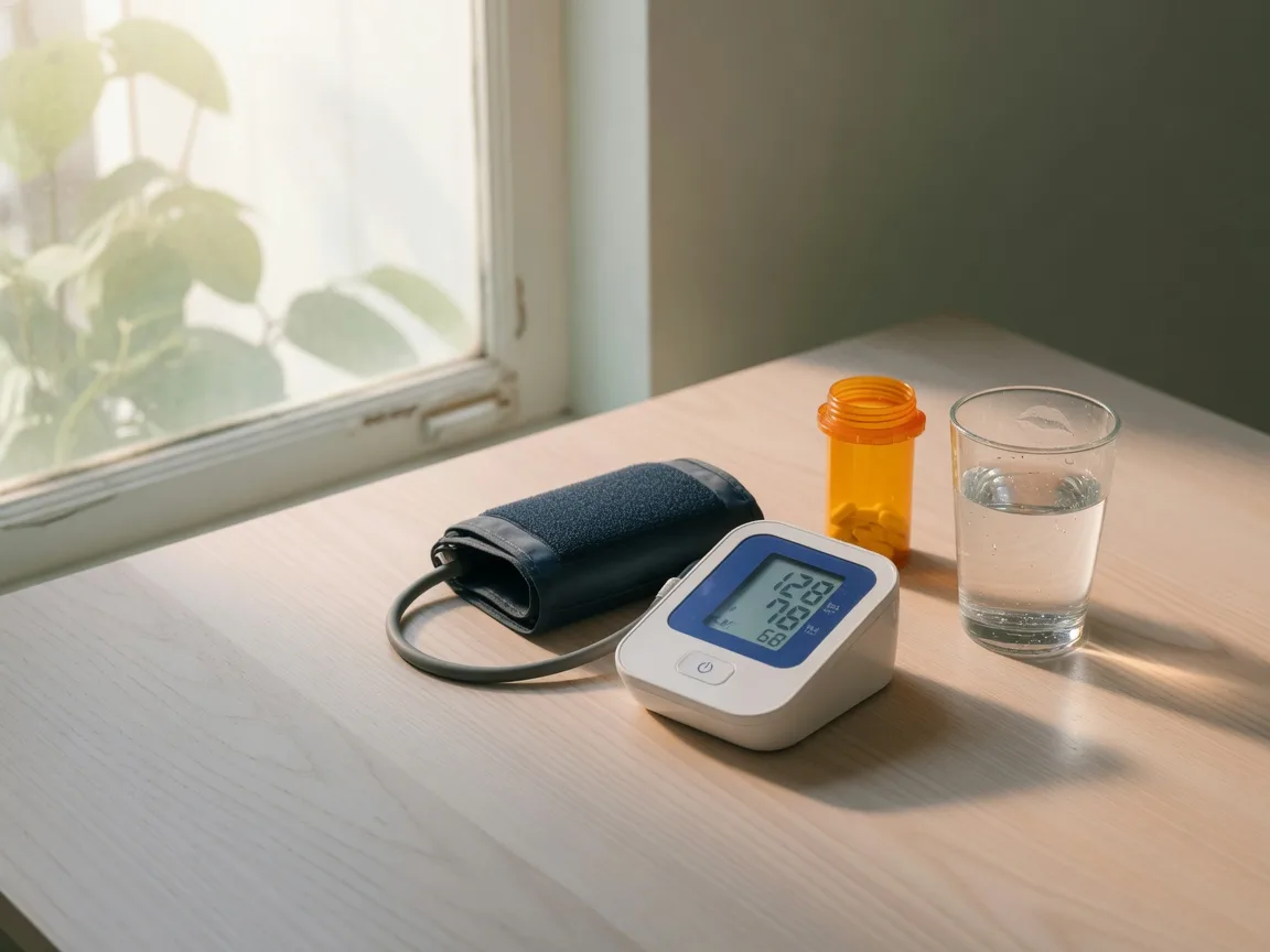 A blood pressure monitor and prescription bottle on a wooden table in soft daylight