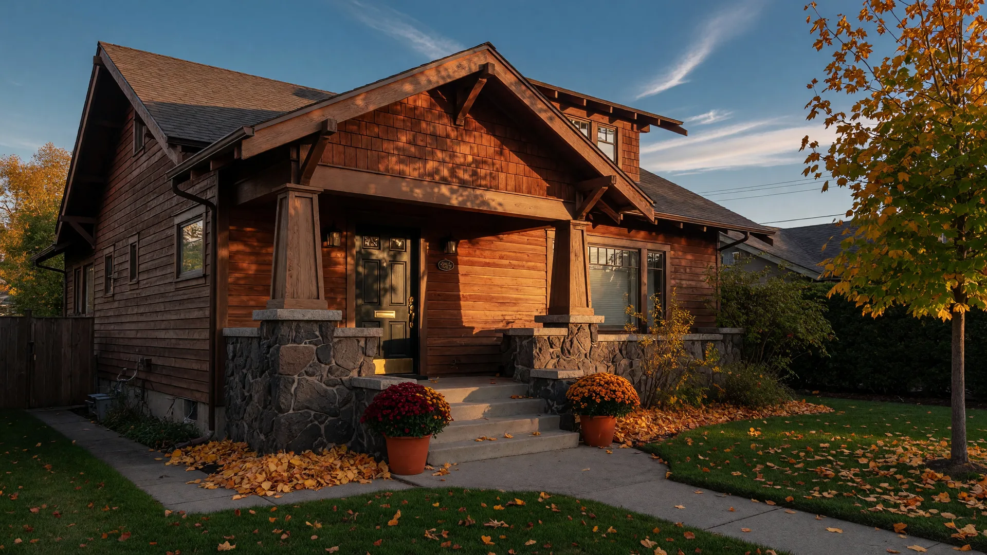 A warm craftsman home in the Tri-Cities with cedar siding, a stone-accent porch, and autumn mums in late-September golden light