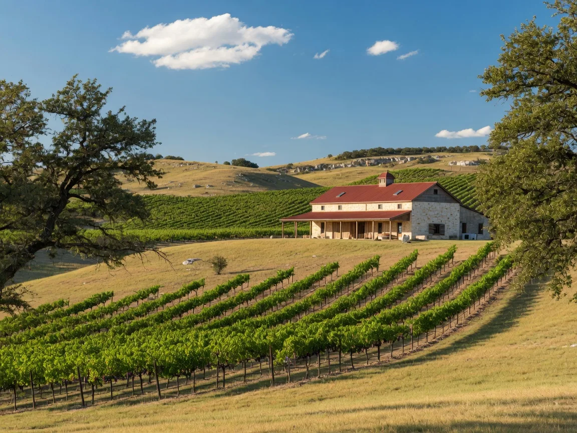 Rolling vineyard rows and a limestone winery building near Dripping Springs, Texas on a bright sunny afternoon