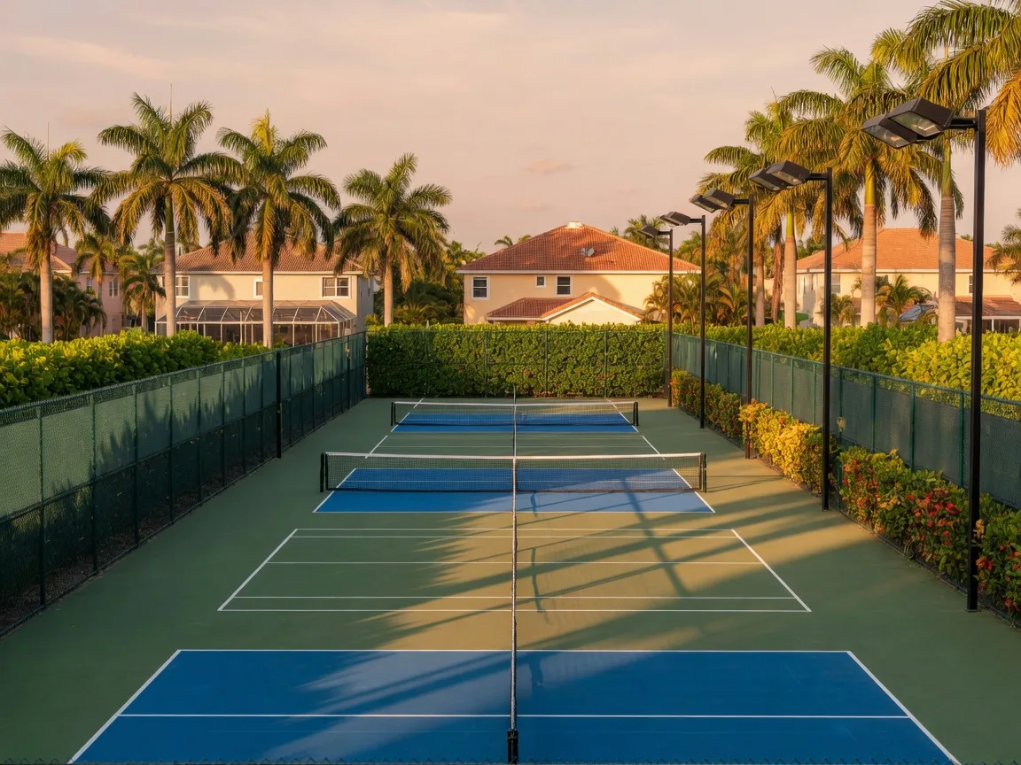 Pickleball and tennis courts framed by palms near single-family homes at Valencia Reserve in Boynton Beach