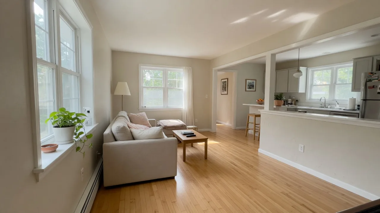 A bright, sunlit living room in a CSRA home, seen during a virtual walkthrough tour