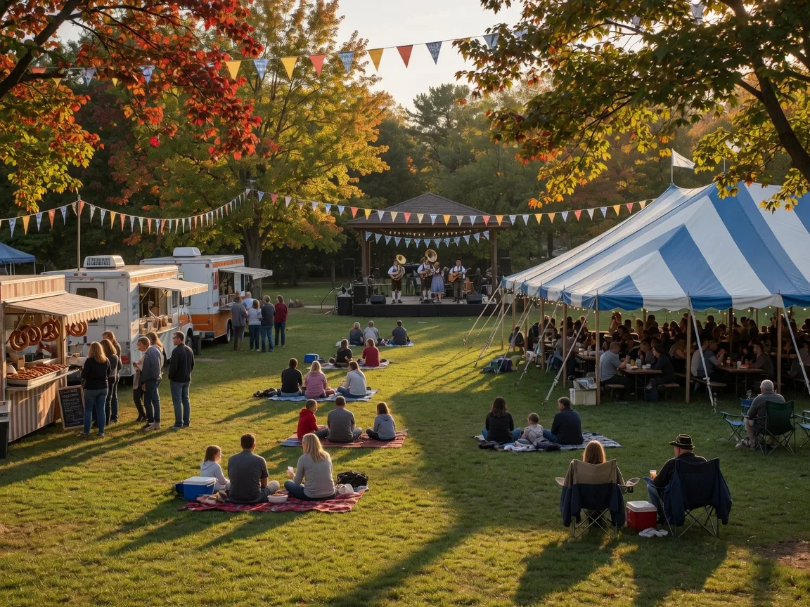 A small-town Oktoberfest music festival on a park lawn with families on blankets, food stalls and a beer garden tent in late afternoon light