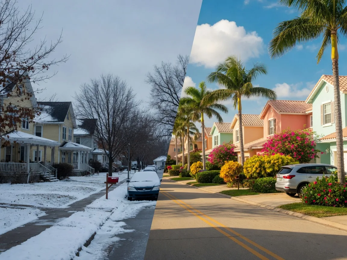 A snowy Iowa City street beside a sunny Florida Gulf Coast street