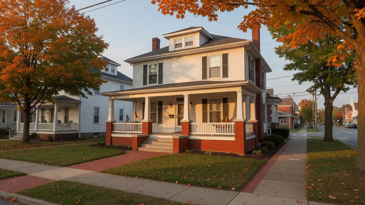 A classic early-20th-century Foursquare home with a broad covered front porch on a tree-lined street near historic downtown Tipp City, Ohio in warm early-autumn morning light